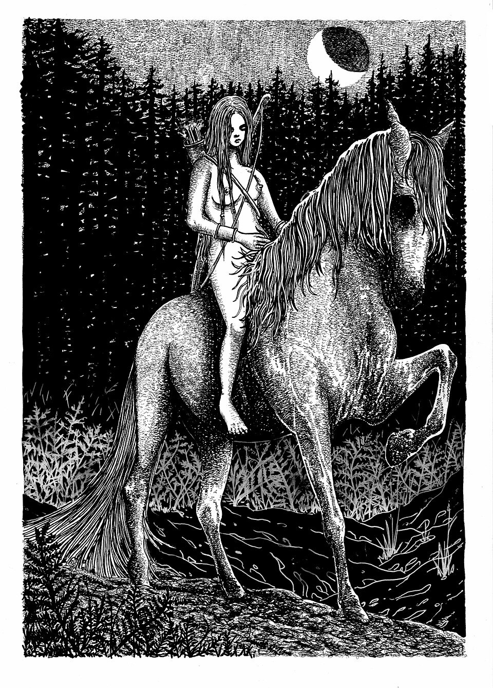 Dziewanna jako słowiańska bogini lasów. Aut. Andy Paciorek. Dziewanna, słowiańska bogini lasów, jako łowczyni na koniu.