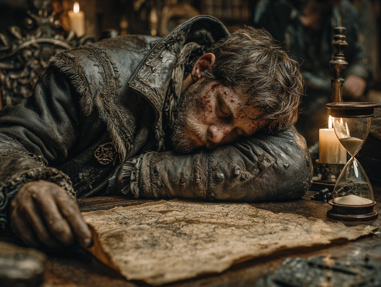 nformacja w mediewalistycznym świecie jest warta więcej niż złoto, ale jej dostarczenie często graniczy z cudem. Wycieńczony posłaniec przy stole w karczmie, trzymający mapę przy świetle świecy. Rola informacji i gońców w spójnym świecie fantasy.