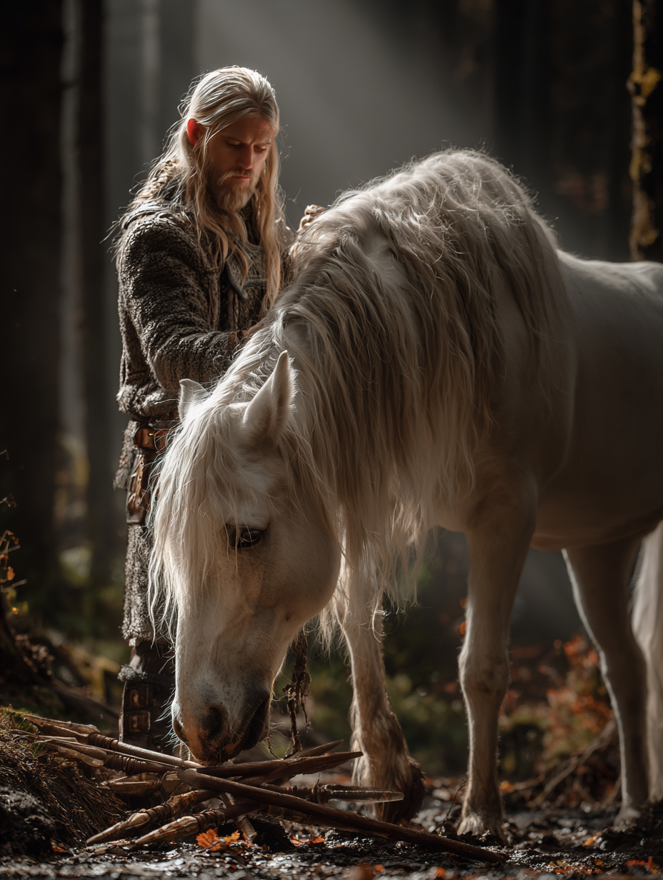 Hippomancja była niepodważalna. Jeśli święty koń zahaczył kopytem o włócznię, książę musiał odwołać nawet najlepiej zaplanowaną wyprawę. grafika cyfrowa przedstawiająca słowiańskiego żercę prowadzącego białego konia przez skrzyżowane włócznie w gęstym, zamglonym lesie. Surowy, mistyczny klimat folkloru, wiara Słowian, wróżby ludowe.