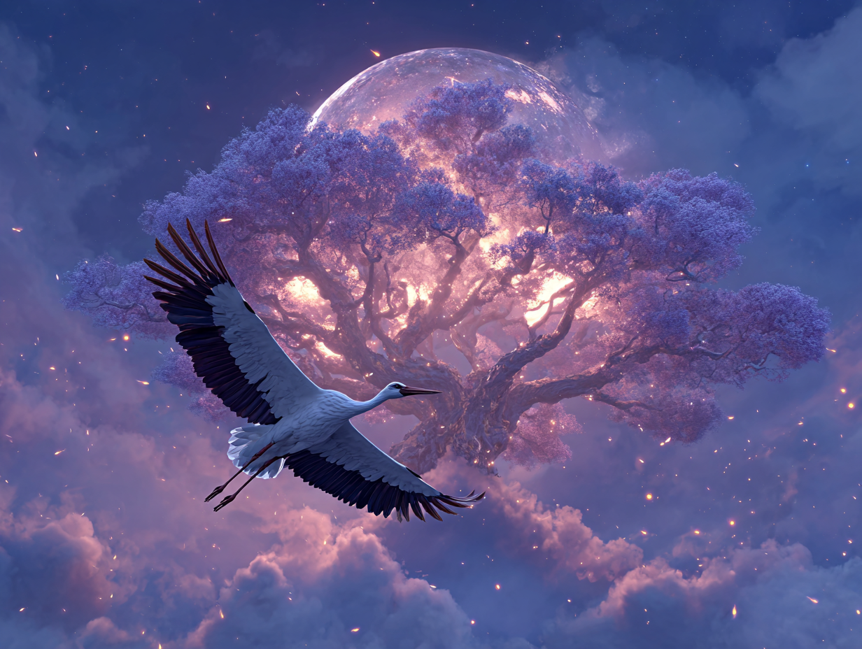 Bocian jako „niebiański kurier”. Wierzenia naszych przodków mówiły, że to właśnie te ptaki sprowadzają dusze dzieci z Wyraju, mitycznej krainy znajdującej się w koronie Drzewa Kosmicznego. Bocian lecący w stronę świecącego Drzewa Kosmicznego, niosący w dziobie duszę. Słowiańskie zaświaty – Wyraj.