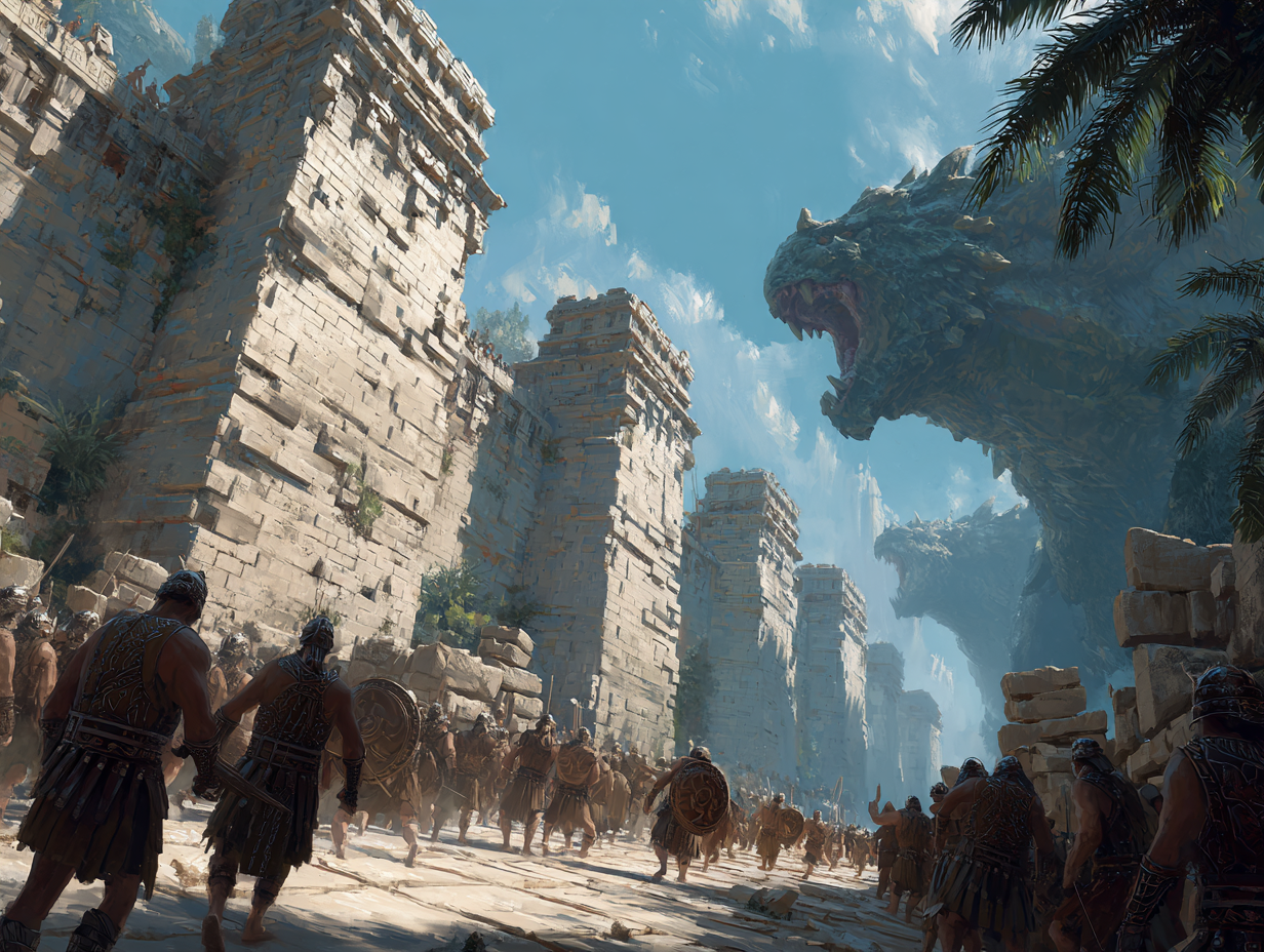 Twoi bohaterowie nie ratują upadających imperiów. W świecie z brązu i mułu to oni muszą położyć pierwsze, nierzadko skąpane we krwi fundamenty pod przyszłą cywilizację. Budowa gigantycznego kamiennego muru starożytnego miasta, bronionego przez wojowników w zbrojach z brązu przed mitycznymi bestiami z dżungli. Początki cywilizacji w książce fantasy, worldbuilding, Antyk.