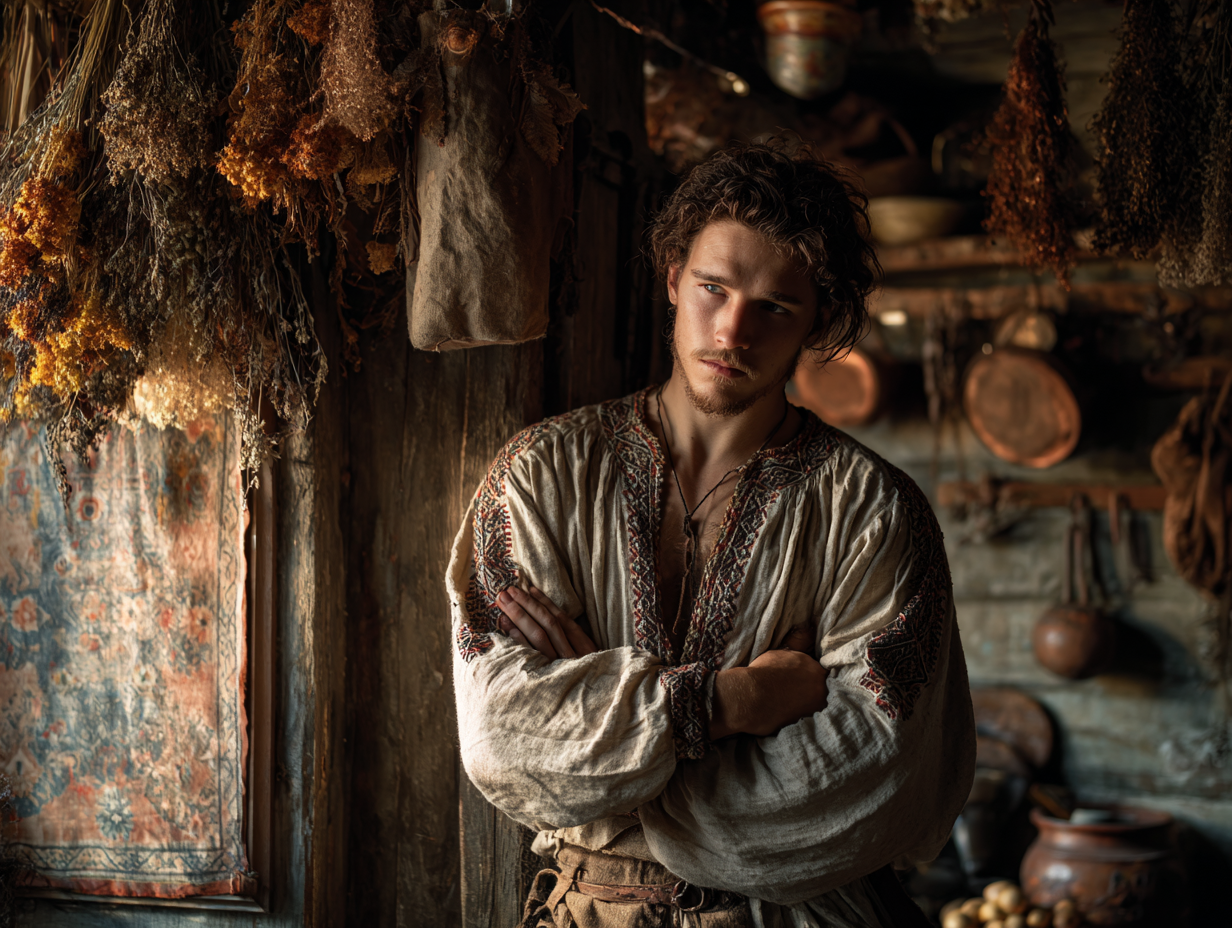 Wyhodowanie chowańca wymagało noszenia kurzego jaja pod pachą przez 9 dni, w trakcie których gospodarzowi nie wolno było się myć ani rozmawiać. Słowiański chłop w tradycyjnym lnianym stroju, ukrywający jajo pod pachą w jasnej, drewnianej chacie pełnej ziół i glinianych naczyń.