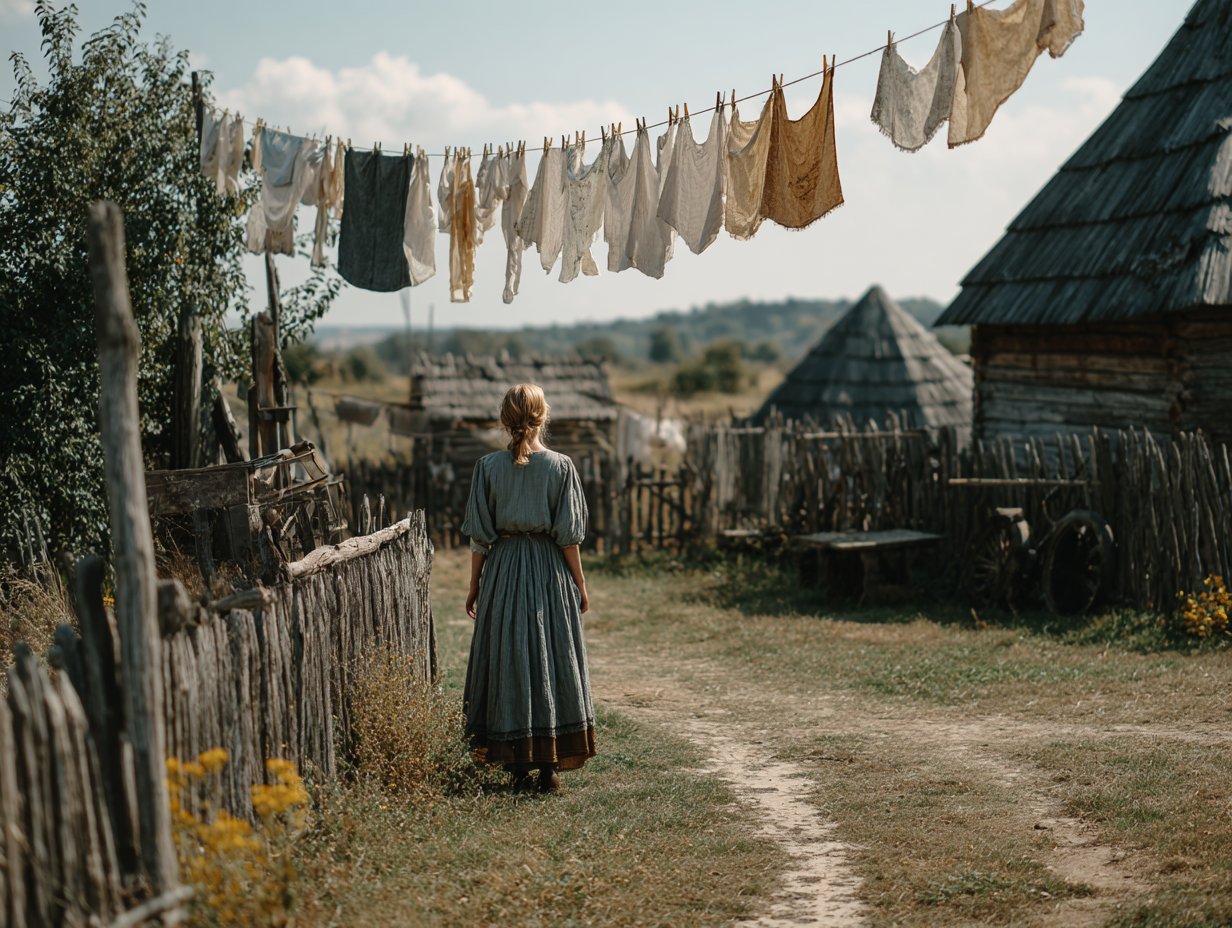 Kobiety w ciąży unikały przechodzenia pod wszelkimi sznurami. Wierzono, że gest ten sprawi, iż pępowina okręci się wokół szyi dziecka. Ciężarna kobieta w lnianym stroju omijająca sznur z praniem na wiejskim podwórku. Tradycje ludowe, ciążowe tabu, słowiańska wieś.