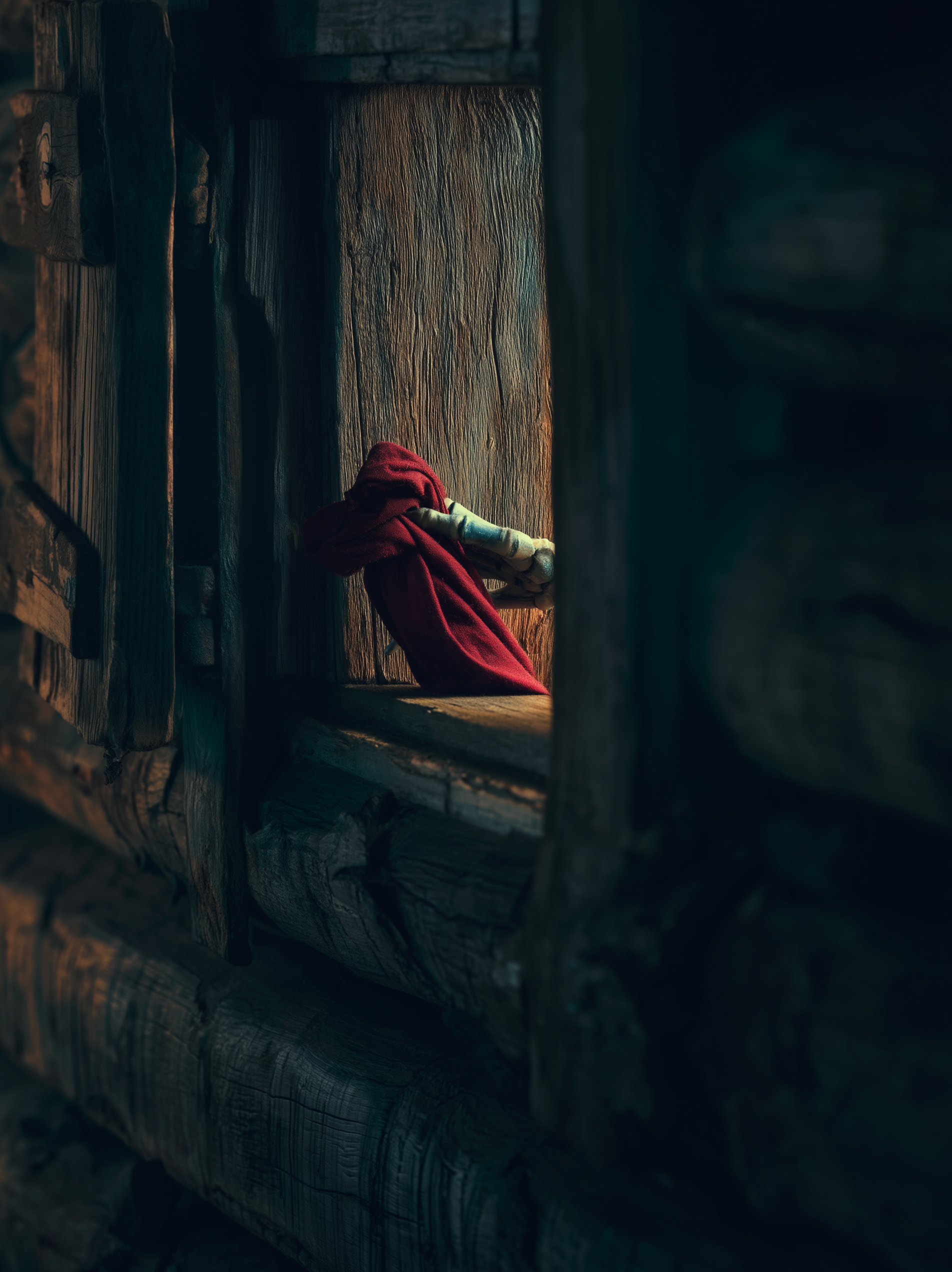 Artystyczne ujęcie kościstej dłoni trzymającej czerwoną chustę, wsuwającej się przez drewniane okno do ciemnej chaty. Wierzenia Słowian, Morowa Dziewica. Według litewskich podań demon wsuwał kościstą rękę z czerwoną chustą przez uchylone okno, wpuszczając morowe powietrze do izby.