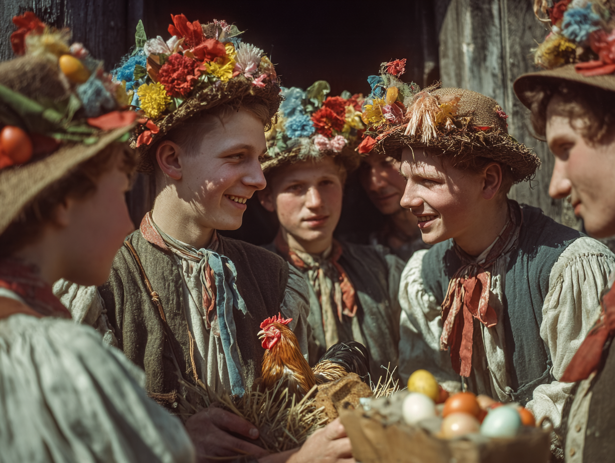 Zwyczaj Dyngusa polegał na zorganizowanej kweście. Włóczędzy odwiedzali domostwa, żądając od gospodarzy wykupu w postaci świątecznych jaj i wędlin. Mężczyźni w słomianych kapeluszach z drewnianym kogutem na wózku odbierający jajka od kobiety przed wiejską chatą. Tradycja dyngusa, słowiańska wiosna, wymuszanie okupu.