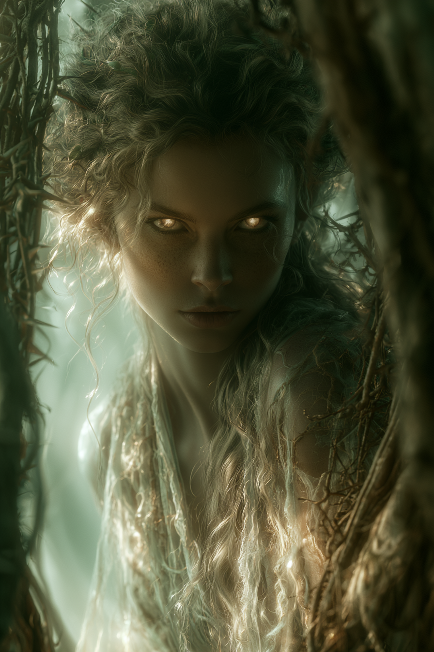 Dziwożony to mroczne dziedzictwo upadłego boga. Leśne demony Słowian budziły grozę wśród śmiertelników. Pionowa ilustracja dark fantasy ukazująca słowiańskiego demona leśnego, dziwożonę, wyłaniającą się z mroku puszczy. Wierzenia Słowian i mroczne duchy przyrody.