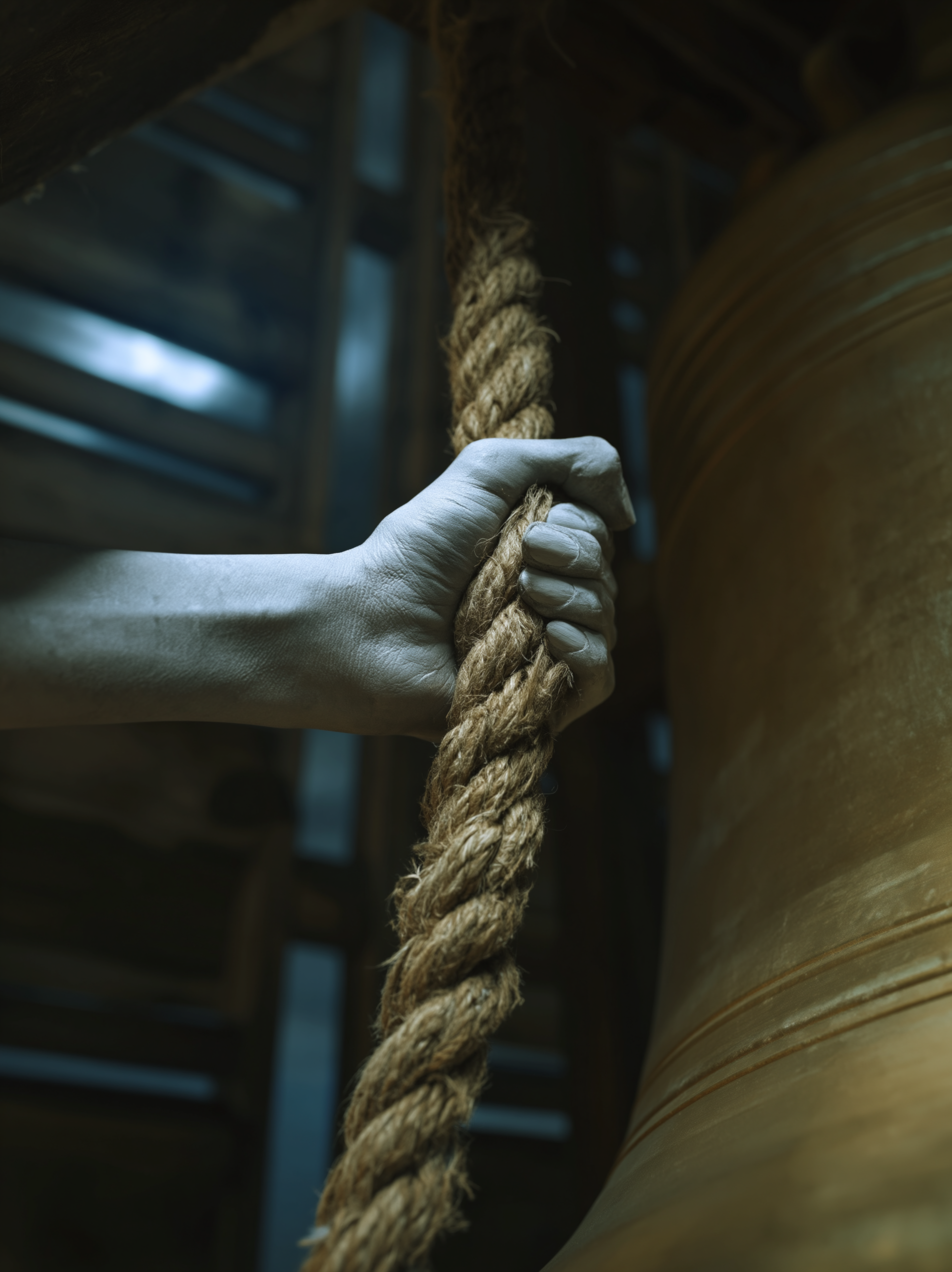 Według legend wieszczy udawał się na wieżę kościelną. Kto we wsi usłyszał bicie dzwonu, ten był skazany na niechybną śmierć. Artystyczne ujęcie mrocznej dzwonnicy nocą, gdzie koścista, blada ręka trzyma gruby sznur kościelnego dzwonu. Legenda o dzwonie śmierci.