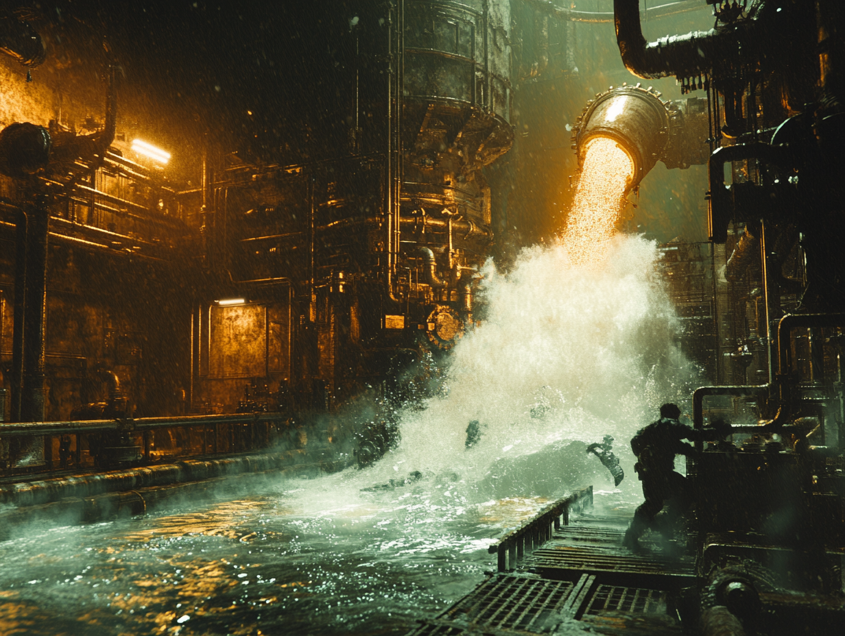 Prawdziwe niebezpieczeństwo często kryje się w samej architekturze. Pęknięty przewód z gorącą parą pod wysokim ciśnieniem potrafi błyskawicznie zakończyć walkę, raniąc obu przeciwników niezależnie od ich pancerza. Walka na metalowych pomostach wewnątrz mrocznej fabryki, pęknięta rura wyrzucająca gorącą parę. Środowisko w scenach walki, industrialne otoczenie w fantasy, pisanie walki w książkach.