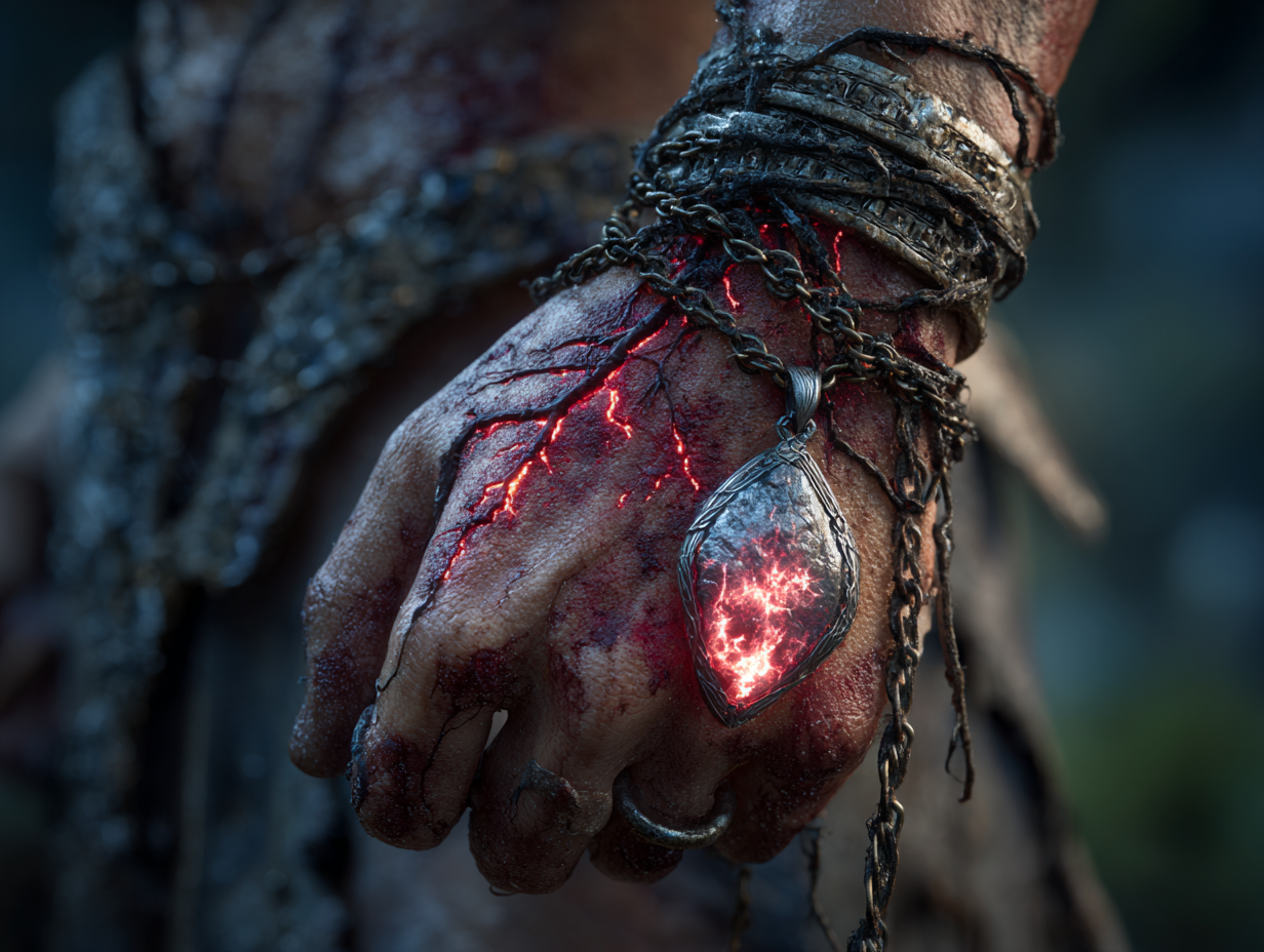 W krwistym worldbuildingu klątwa to nie są ujemne statystyki z gry RPG. To postępująca martwica, czarne żyły i utracone wspomnienia, za które Twój bohater płaci każdego dnia. Zbliżenie na dłoń wojownika trzymającą magiczny amulet, od którego rozchodzą się czarne, zatrute żyły na skórze. Mierzalne konsekwencje używania magii, pasożytnicze artefakty i mroczne fantasy.