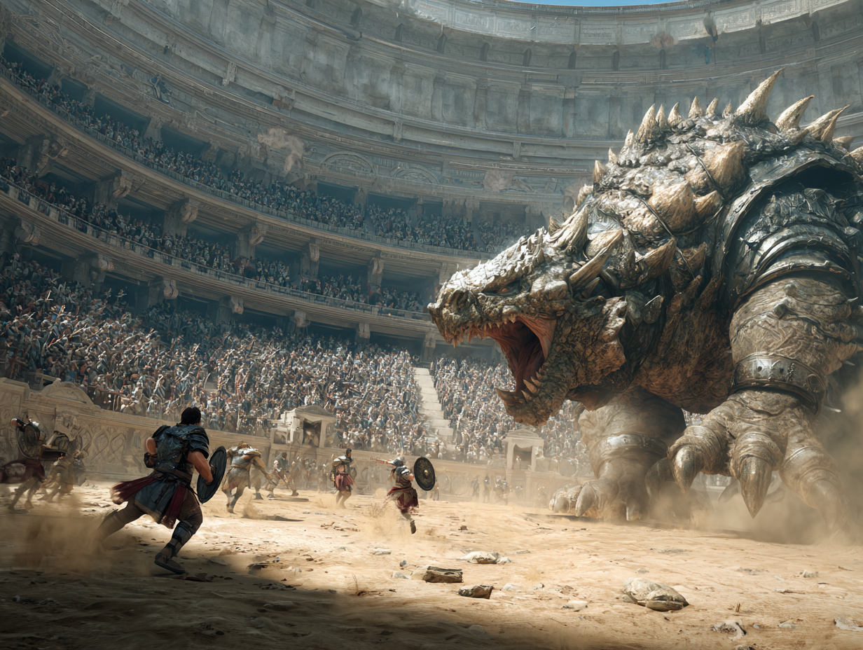 Krew na piasku to najlepszy wentyl bezpieczeństwa. Antyczni tyrani doskonale wiedzieli, że spektakularna rzeź mitycznych bestii na arenie potrafi uciszyć nawet najbardziej głodny i sfrustrowany tłum. Gladiatorzy w pancerzach z brązu walczący z wielką, opancerzoną mityczną bestią na arenie otoczonej przez wiwatujący tłum. Igrzyska w antycznym fantasy, walka z potworami na piasku.