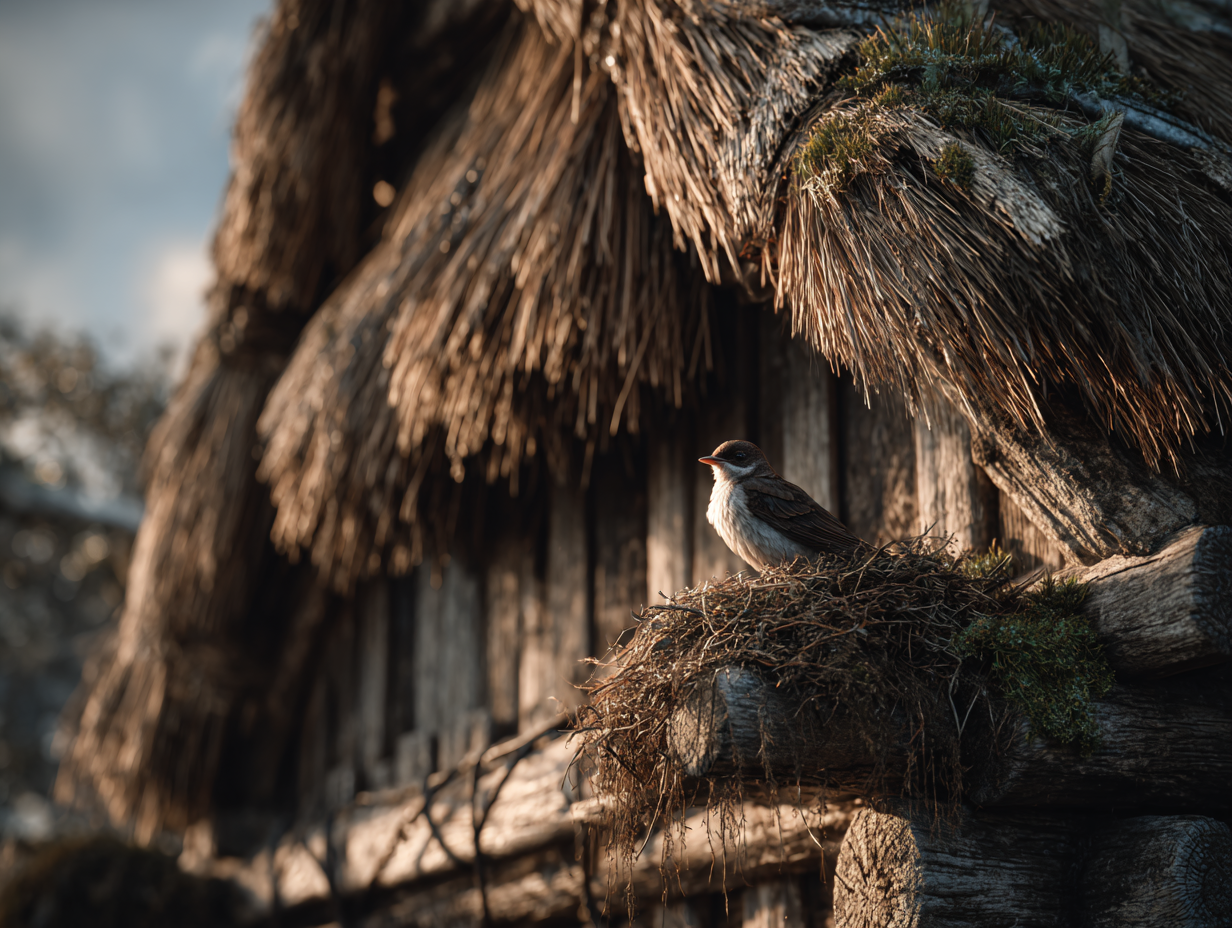 Gniazdo ulepione pod strzechą traktowano jako najwyższe wyróżnienie. Wierzono, że jaskółka staje się żywym amuletem, chroniącym domostwo przed pożarem i piorunami. Ilustracja przedstawiająca świetlistą jaskółkę siedzącą w pobliżu gniazda pod strzechą drewnianej słowiańskiej chaty. Magia ochronna w gospodarstwie, dawne wierzenia ludowe i zwierzęcy strażnicy domostwa.