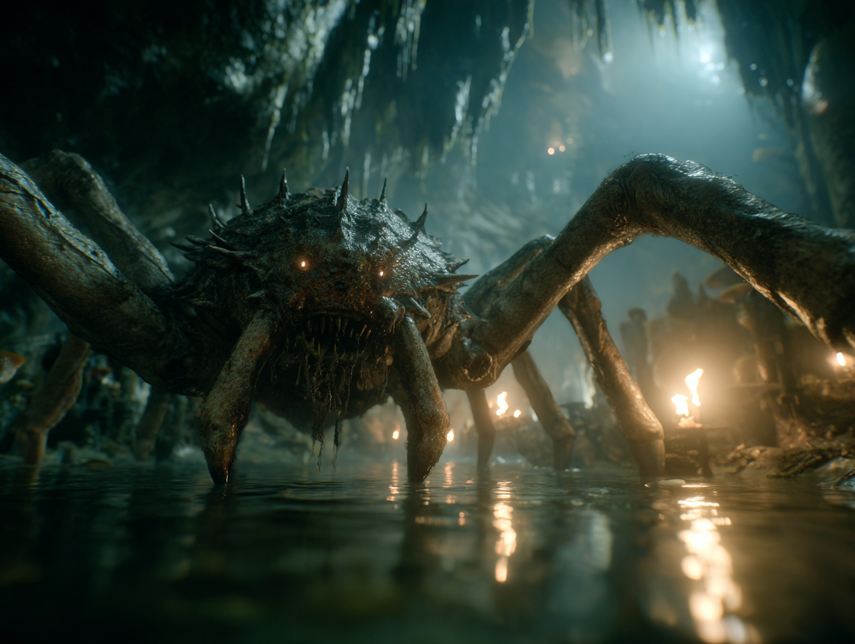 W uniwersum Wiedźmina Kikimora została zredukowana do bezrozumnej, przerośniętej bestii przypominającej pająka i skorpiona, tracąc całe swoje etnograficzne tło. Gigantyczny, przerażający potwór insektoidalny przypominający pająka i skorpiona wyłaniający się z mętnej wody w mrocznej jaskini. cinematic fantasy realism, potwór z gry, wiedźmin, kikimora wojownik.