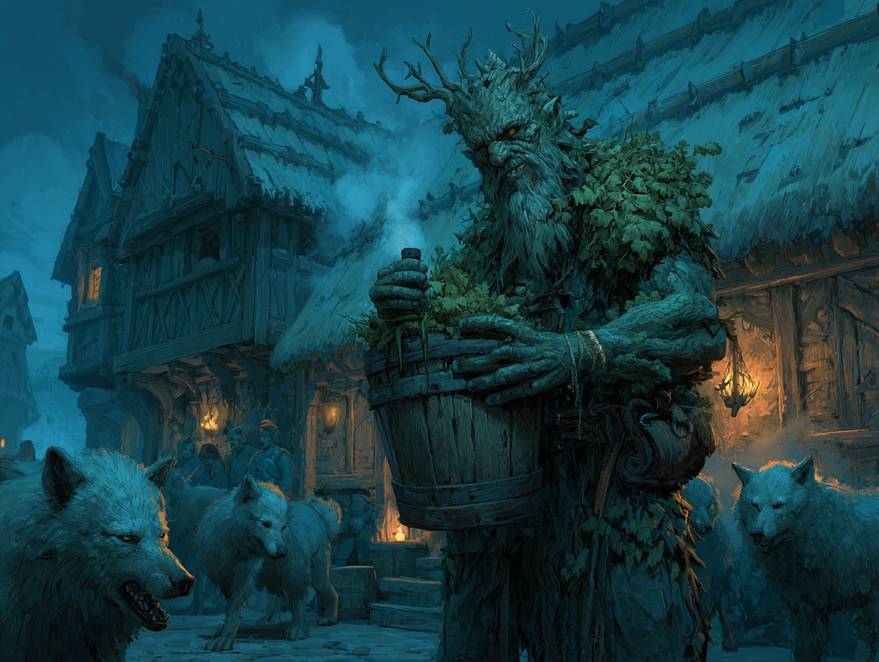Leszy jako Wilczy Pasterz z watahą wilków przed karczmą Mroczna scena z Leszym prowadzącym wilki spod leśnej karczmy, ukazująca jego rolę jako pana zwierząt, demona wilków w mitologii Słowian.