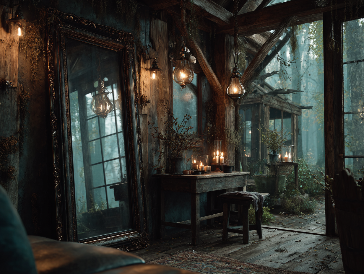 W wierzeniach Słowian lustro nie było martwym przedmiotem. Traktowano je jako portal łączący świat żywych ze sferą duchów, w którym mogła uwięznąć dusza zmarłego. Wnętrze starej, drewnianej izby słowiańskiej, w której tafli lustra widać unoszącą się, półprzezroczystą duszę dryfującą w stronę mglistego lasu o zmierzchu. Lustra jako portale w mitologii Słowian.