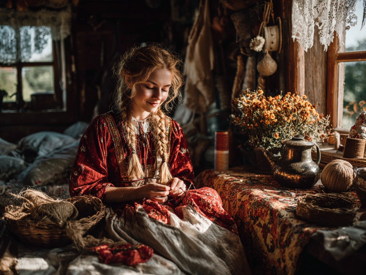 Magia sympatyczna to nie tylko drastyczne metody. Często opierała się na wszywaniu czerwonej nici w ubranie wybranka, co miało wzbudzić w nim płomienne uczucie. Młoda Słowianka oświetlona porannym słońcem, siedząca przy oknie i wszywająca czerwoną nić w lniane ubranie, w otoczeniu polnych kwiatów i ziół. Tradycje ludowe i magia Słowian