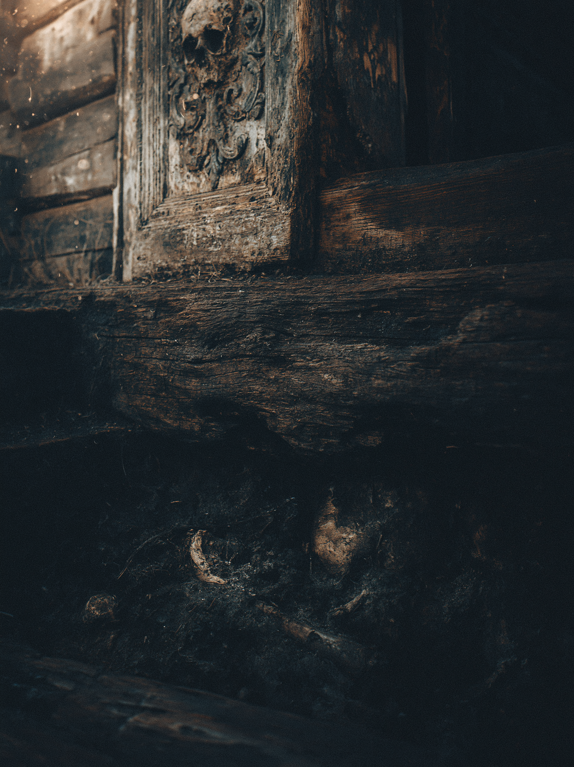 Próg w słowiańskiej chałupie stanowił ostateczną barierę chroniącą przed światem demonów. Zbliżenie na stary, zniszczony, drewniany próg chałupy w półmroku, pod którym w ziemi majaczą zarysy zakopanych, pradawnych kości. Demonologia słowiańska nakazywała bronić w ten sposób dostępu złu.