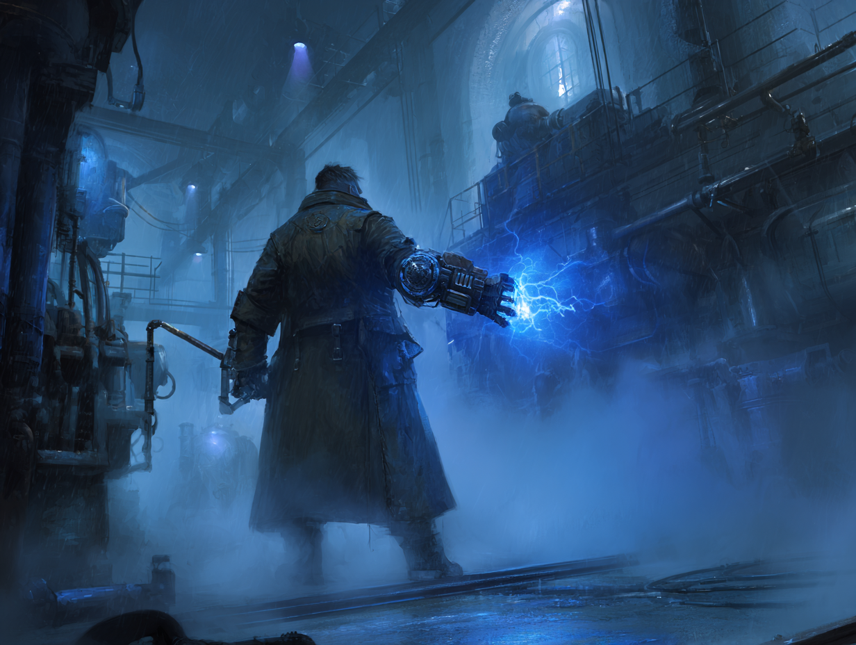 Magia w industrialnym świecie staje się bronią wymagającą inżynieryjnej precyzji. Przeładowanie bębenka rewolweru czy wymiana skroplonej many w rękawicy to w walce ułamki sekund, które decydują o życiu i śmierci. Mag bojowy w skórzanym płaszczu z mosiężną, świecącą na niebiesko rękawicą, stojący w zadymionej fabryce pośród uchodzącej pary. Walka i system magiczny w steampunku.