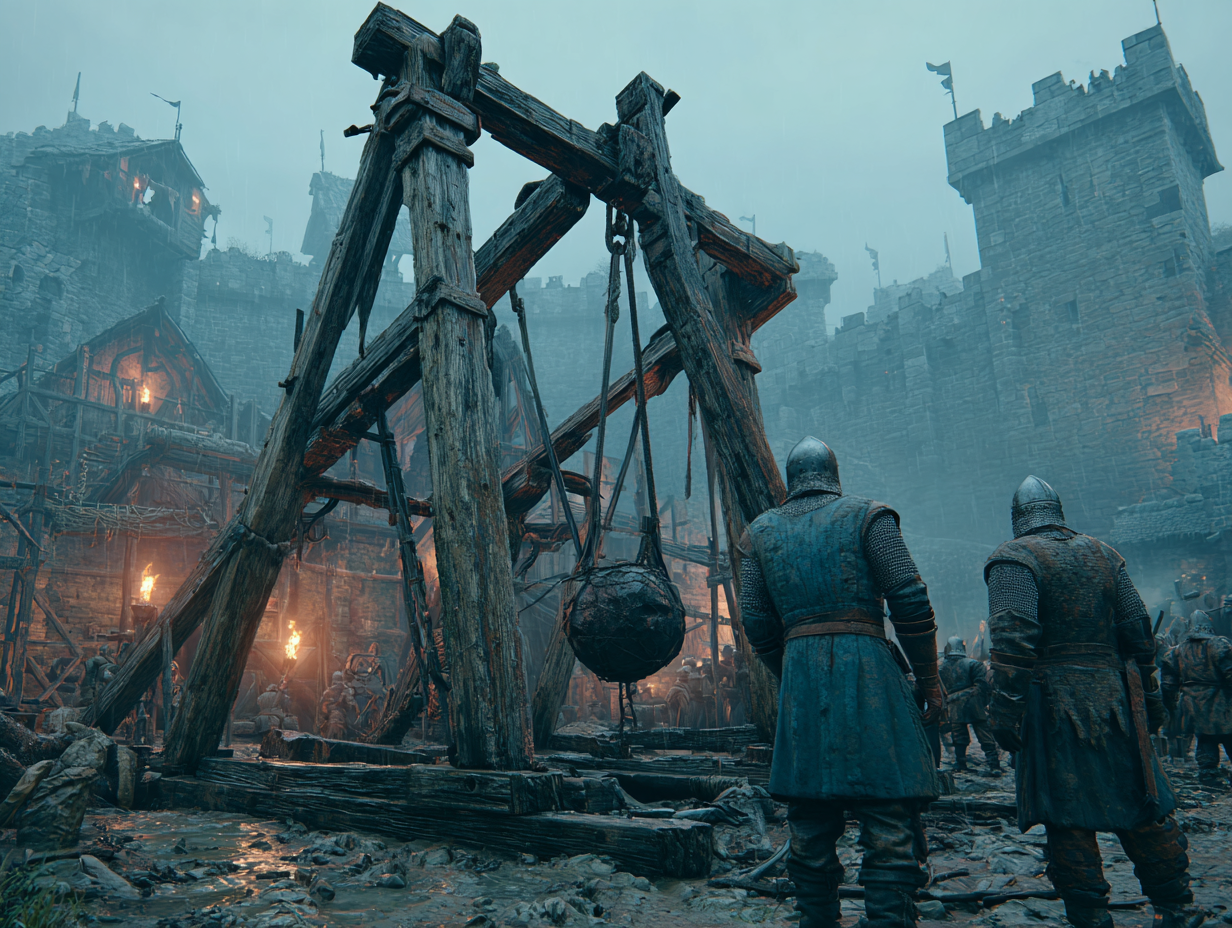 Obrońcy w średniowiecznym zamku nie mieli łatwego życia. Chociaż mieli dach nad głową, tak w każdej chwili mogła skończyć się im żywność oraz amunicja. Digital art, przedstawiający katapultę w środku miasta, gotową do wystrzelenia pocisku. Medieval low fantasy, średniowieczna fantastyka.