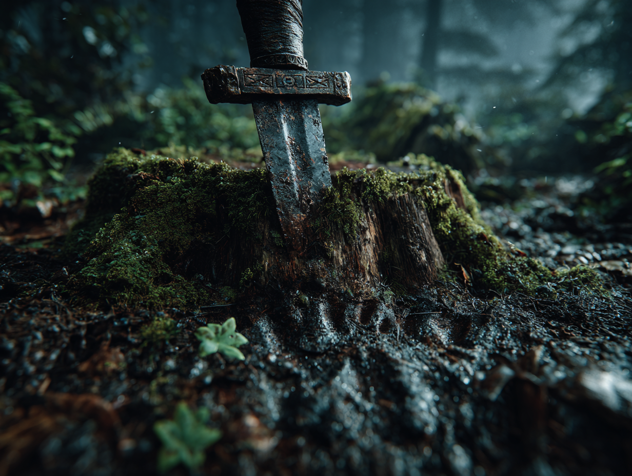 W demonologii Słowian nóż stanowił kotwicę dla wilkołaka. To dzięki niemu likantrop mógł wrócić do ludzkiej postaci. Digital art przedstawiający nóż w mrocznym, słowiańskim lesie. Symbol kotwicy, dizęki której wilkołak mógł wrócić z postaci demona do postaci człowieka.