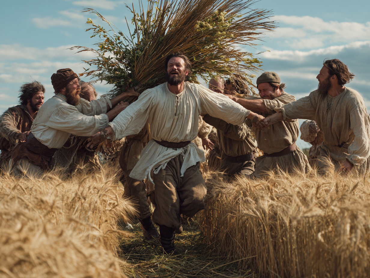 Rytuał oborywania, polegający na fizycznym przeciągnięciu gospodarza po ściernisku, miał magicznie związać go z ziemią i przekazać jej nową siłę witalną. Grupa uśmiechniętych żniwiarzy w lnianych strojach przeciągająca mężczyznę po polu dookoła niezżętego kłosa zboża. Ludowa tradycja słowiańska, magia ludowa Słowian, wierzenia Słowian.