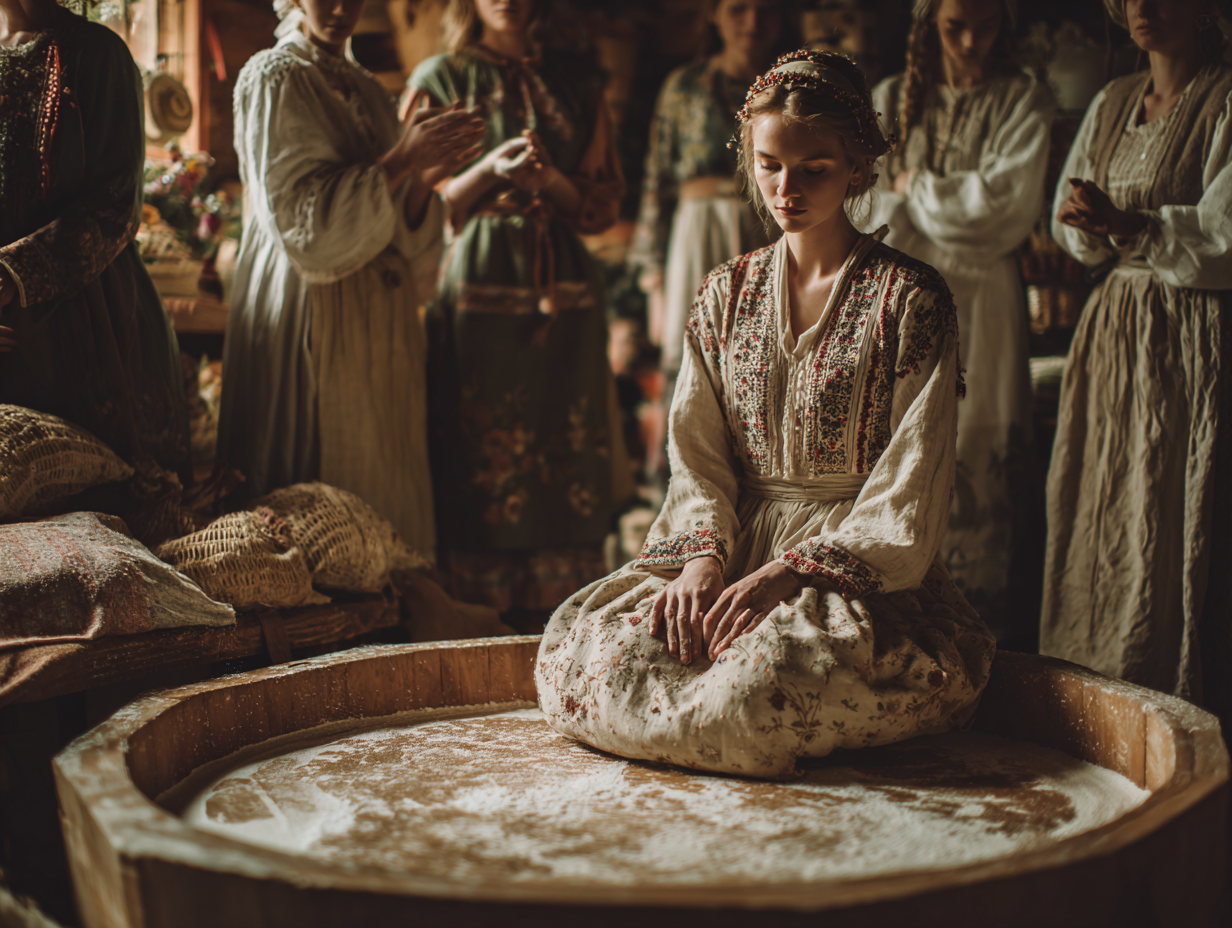 Podczas weselnych oczepin pannę młodą sadzano bezpośrednio na dzieży. Ten akt magii sympatycznej miał zagwarantować nowej rodzinie wielką płodność i uchronić przed głodem. Panna młoda w lnianym stroju ludowym siedząca na wielkim drewnianym naczyniu pośrodku izby w otoczeniu innych kobiet. Tradycje weselne Słowian, obrzędy ludowe, dzieża.