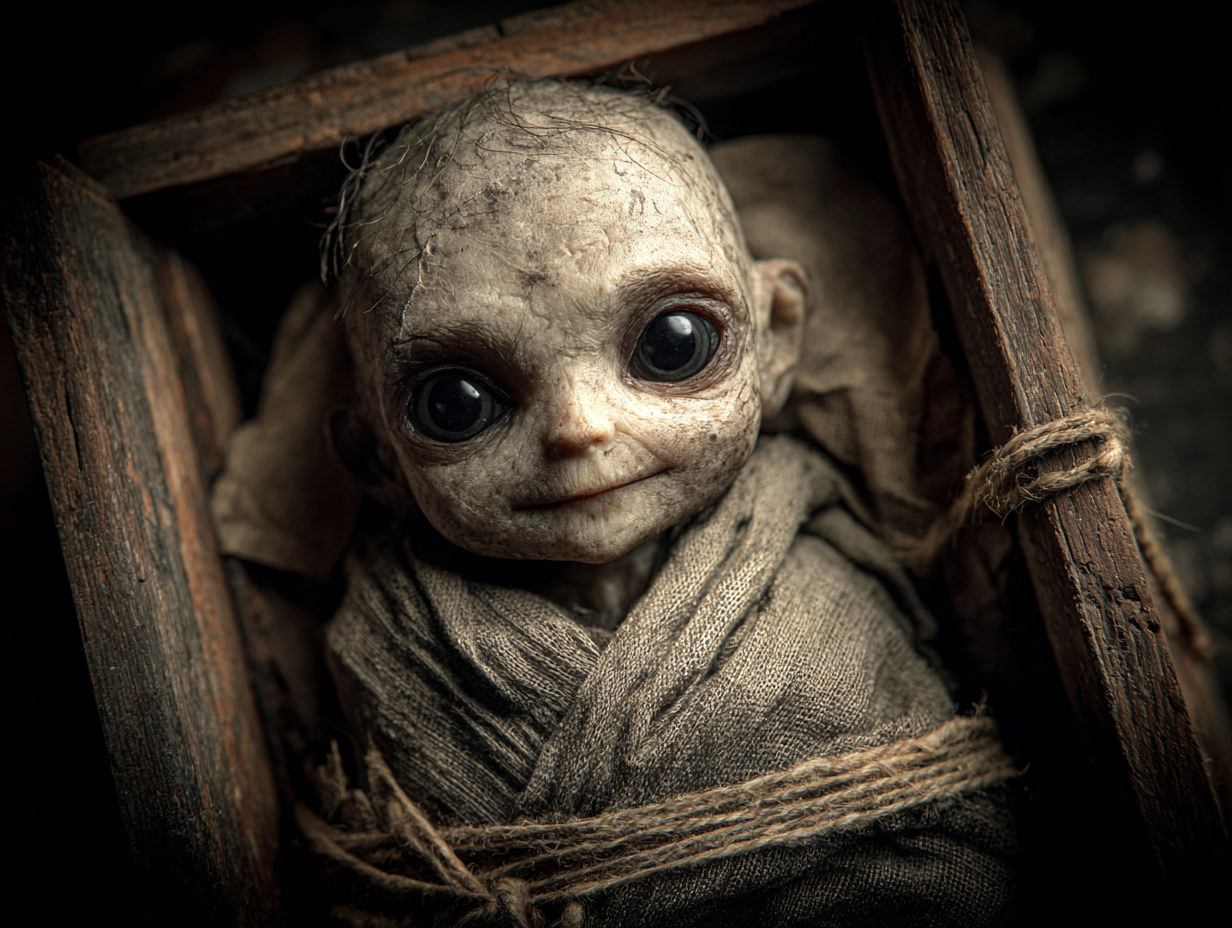 Zostawiony w kołysce podrzutek mamuny rósł wolno, żarł za trzech i ciągle płakał. Ten okrutny mit pozwalał dawnym społecznościom tłumaczyć wady genetyczne u noworodków. Digital art przedstawiający upiornego odmieńca z wielką głową, leżącego w wiejskiej kołysce. W demonologii Słowian wierzono, że takie podrzutki zostawiała dziwożona lub mamuna. Kradzież dzieci przez te istoty to jeden z najbardziej przerażających motywów, jakie skrywa mitologia słowiańska.