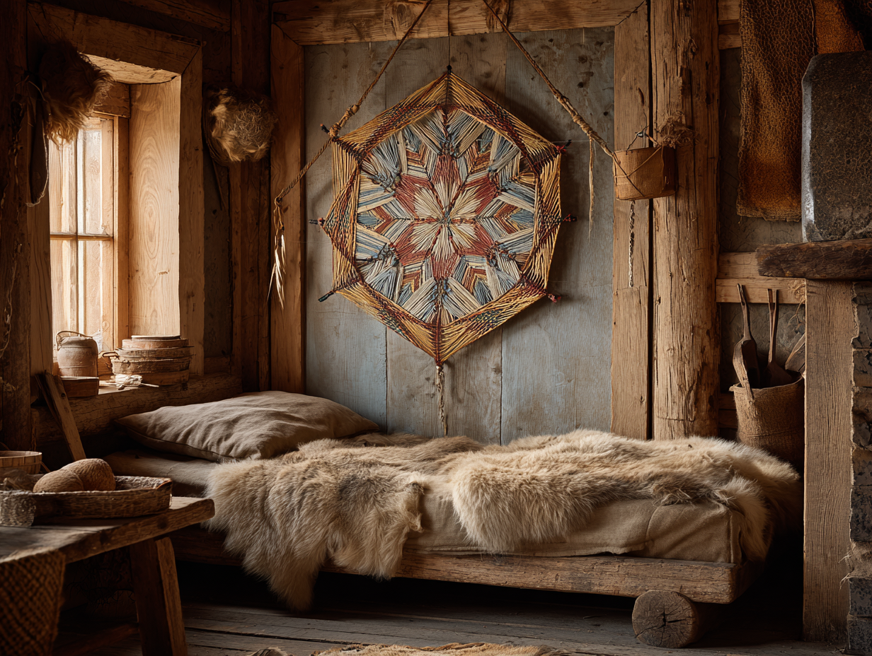 Pająki wieszano często bezpośrednio nad posłaniem. Miały one działać jak gęsta sieć wyłapująca złe sny i koszmary. Tradycyjna słomiana ozdoba wisząca nad prostym drewnianym łóżkiem w wiejskiej chacie. Magia ochronna, wierzenia ludowe Słowian, słomiany pająk.