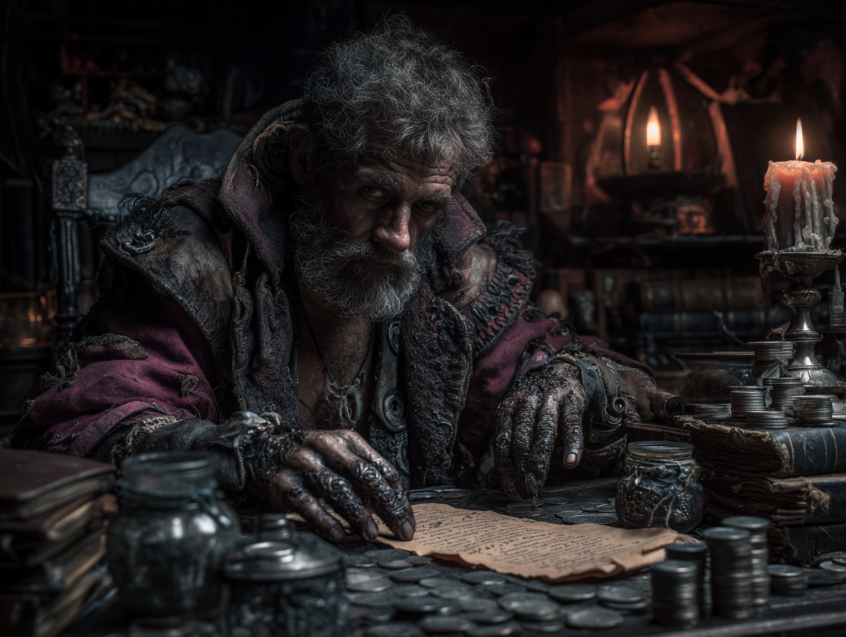 W republikach handlowych w fantasy niespłacony dług oznacza stratę znacznie większą niż tylko majątek – tu magia gwarantuje, że zdrada boli fizycznie. Przerażony kupiec patrzący na swoją gniącą dłoń – fizyczną konsekwencję zerwania magicznie wiążącej umowy handlowej. Magia jako gwarant długu w fantasy.