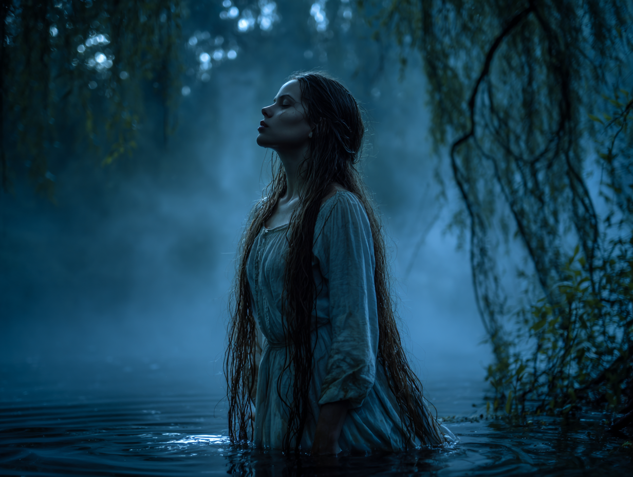 Tajemnicza rusałka w białym giezle stojąca w leśnym jeziorze, z bardzo długimi, dzikimi i rozpuszczonymi włosami. Demonologia słowiańska, wierzenia Słowian, magia ludowa Słowian. W słowiańskiej demonologii wierzono, że to właśnie w niezwykle długich, dzikich i rozpuszczonych włosach kryje się nadnaturalna moc rusałek i wił.