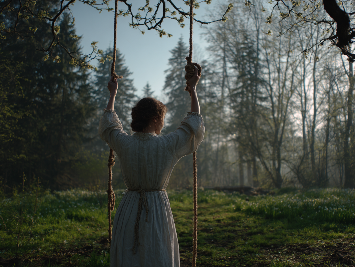 Rytuał uwalniania się od życiowych ciężarów polegał na codziennym wiązaniu jednego węzła, aż do nadejścia wiosennej równonocy. Postać w lnianym stroju stojąca w zamglonym lesie, trzymająca w dłoniach długi sznur z wieloma zawiązanymi węzłami. Tradycje Słowian, obrzędy słowiańskie, słowiańska magia węzłów.