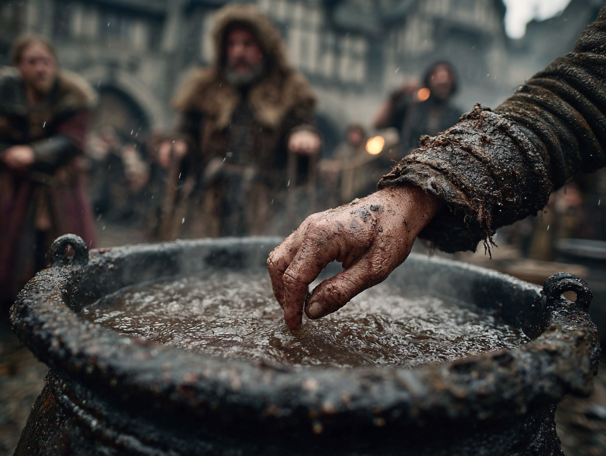 Sądy boże (ordalia) były okrutnym narzędziem rozstrzygania sporów. Jeśli po zanurzeniu dłoni we wrzątku rana goiła się bez ropy, uznawano to za znak od sił wyższych. Chłop sięgający drżącą ręką do żelaznego kotła z wrzącą wodą na zalanym błotem dziedzińcu, obserwowany przez surowego sędziego.