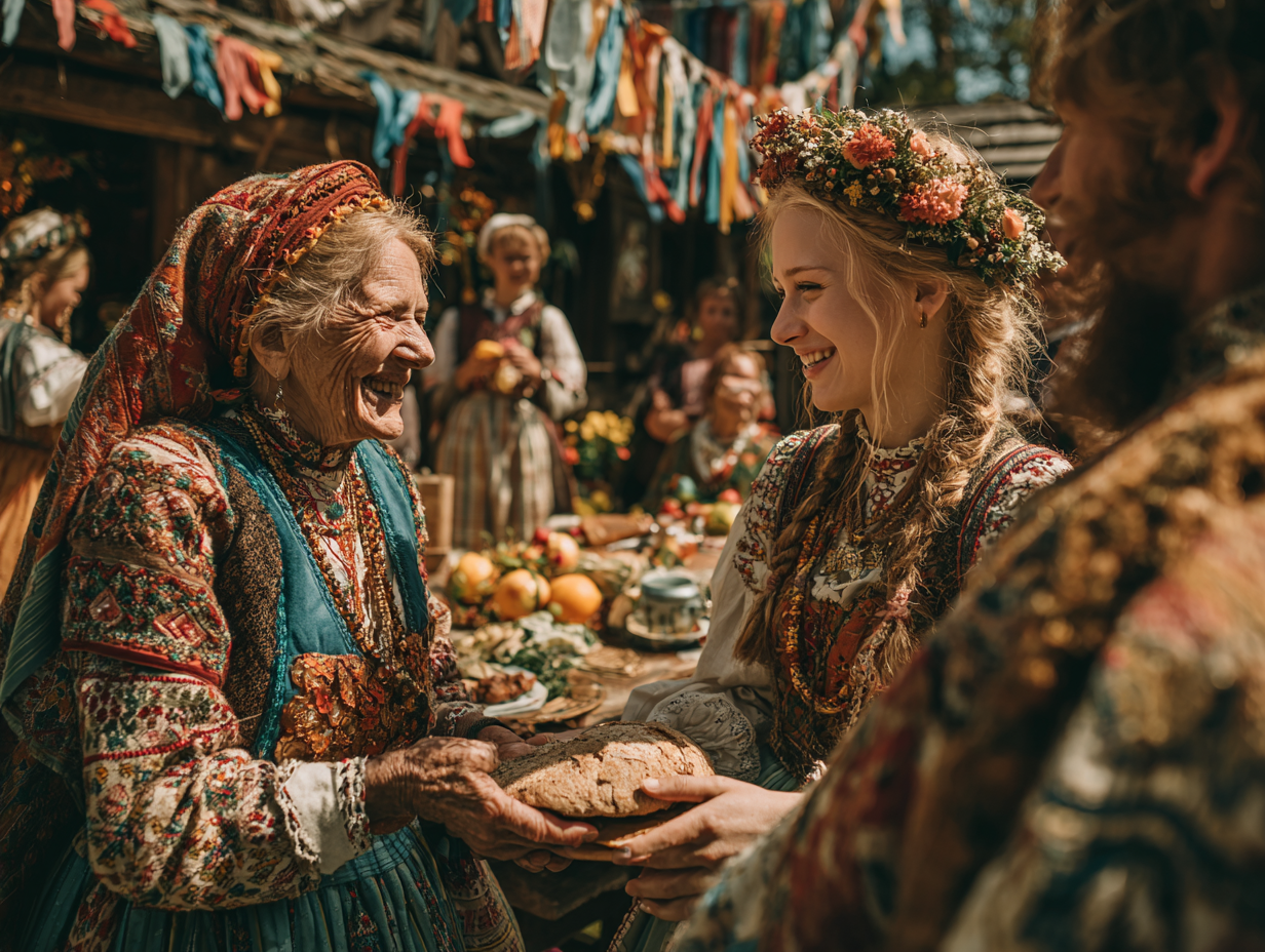 Witanie nowożeńców chlebem i solą miało za zadanie włączyć pannę młodą do nowej rodziny i zapewnić parze dostatek oraz płodność. Scena słowiańskiego wesela, na której starsza kobieta wita młodą parę chlebem i solą w słonecznym ogrodzie. Chleb i sól w tradycji Słowian jako rytuał gościnności.