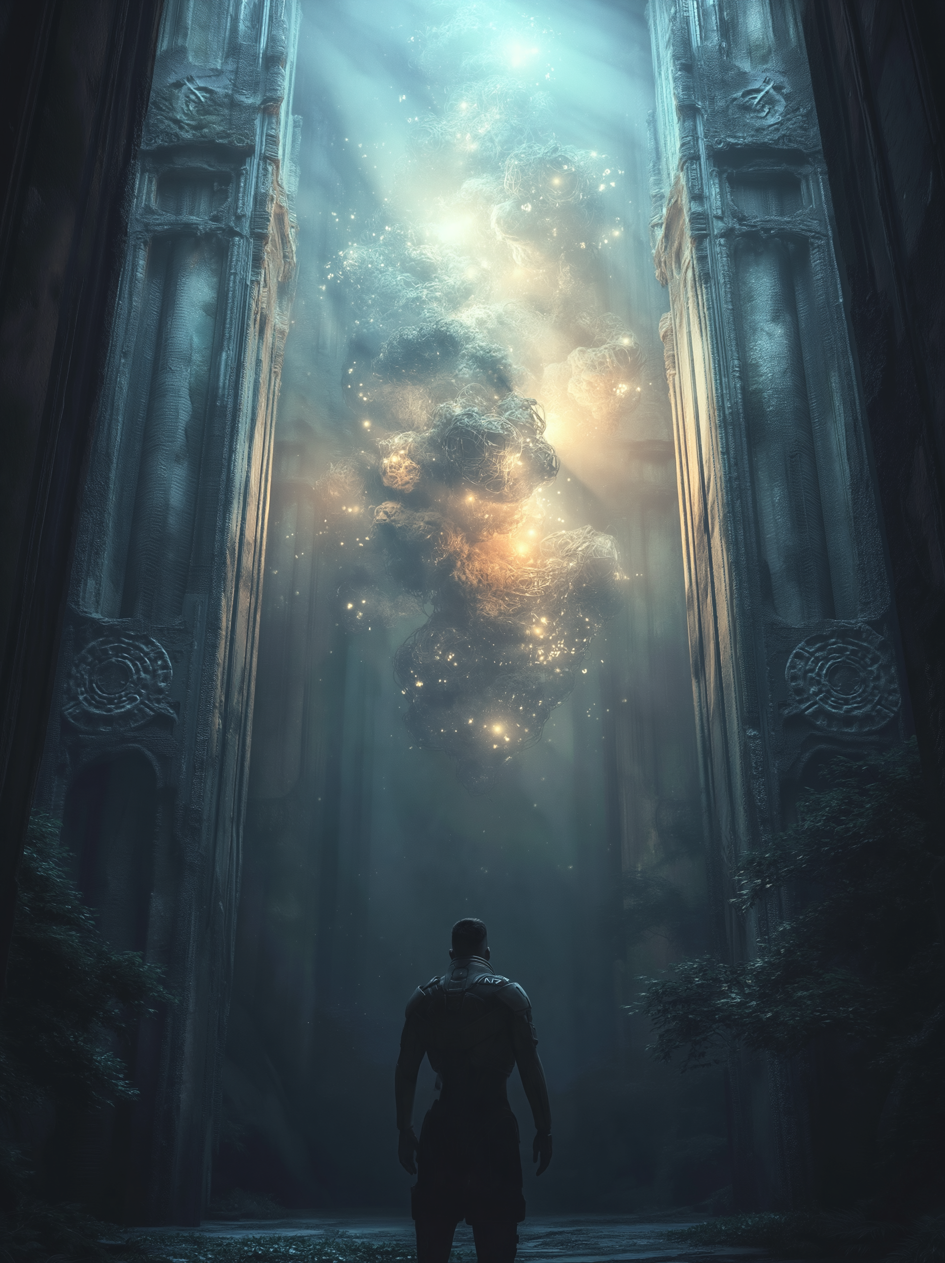 Prawdziwa obcość zaczyna się na poziomie innej biologii oraz zupełnie odmiennego postrzegania upływu czasu czy moralności. Człowiek w pancerzu stojący naprzeciwko nieludzkiego, świecącego obcego w mrocznej świątyni. Projektowanie obcych gatunków w fantastyce naukowej.