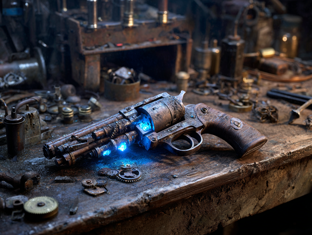 Ruch oporu rzadko dysponuje lśniącą bronią z fabryk. Ich oręż to najczęściej desperacka mieszanka ukradzionych zaworów, rdzewiejących rur i niestabilnych, magicznych kryształów. Prowizoryczna broń palna z rur i zaworów ze świecącymi kryształami magii leżąca na drewnianym stole w podziemnym warsztacie. Steampunkowa broń, ruch oporu w fantasy, pisanie powieści dystopijnej.