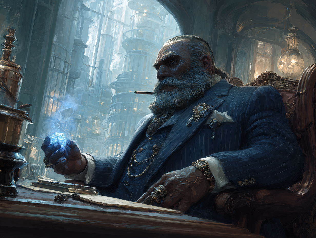 Zapomnij o zakurzonych kopalniach i toporach. Nowoczesny krasnoludzki magnat z gabinetu na najwyższym piętrze pociąga za sznurki światowej ekonomii, zamieniając magię i stal na czysty zysk. Krasnolud ubrany w garnitur jako baron przemysłowy w steampunkowym biurze z widokiem na fabryki. Tworzenie ras fantasy w epoce pary, krasnoludy w steampunku, kapitalizm w świecie fantasy, poradnik pisarski.