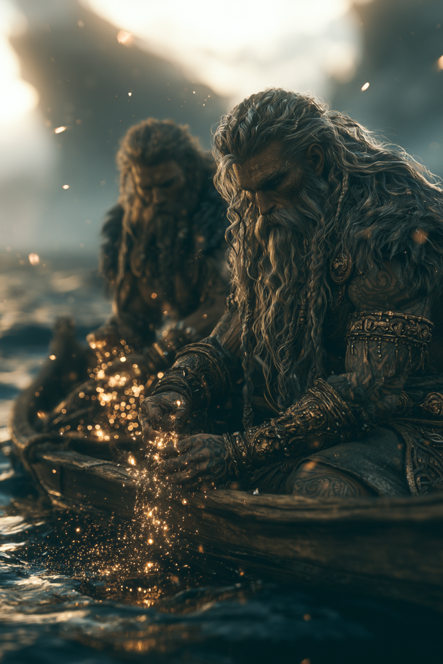 Mit wyłowienia w dawnej wierze Słowian. Opowieść o tym, jak gromowładny Perun i mroczny Weles wspólnie stwarzali świat. Pionowa grafika dark fantasy przedstawiająca słowiańskich bogów Peruna i Welesa w łodzi na kosmicznym oceanie. Mitologia Słowian i pogańska kosmogonia.