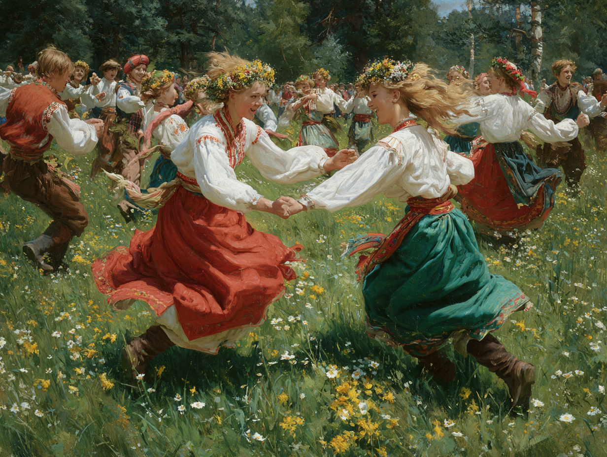 Żywiołowy taniec umarłych nie był wyrazem żałoby, lecz eksplozją życiowej energii, którą młodzi Słowianie dobrowolnie dzielili się z przodkami. Realistyczna scena dynamicznego tańca młodych Słowian rozrywających krąg na wiosennej łące. Taniec umarłych, kulisza, Radonica, radosne obrzędy, obraz olejny.