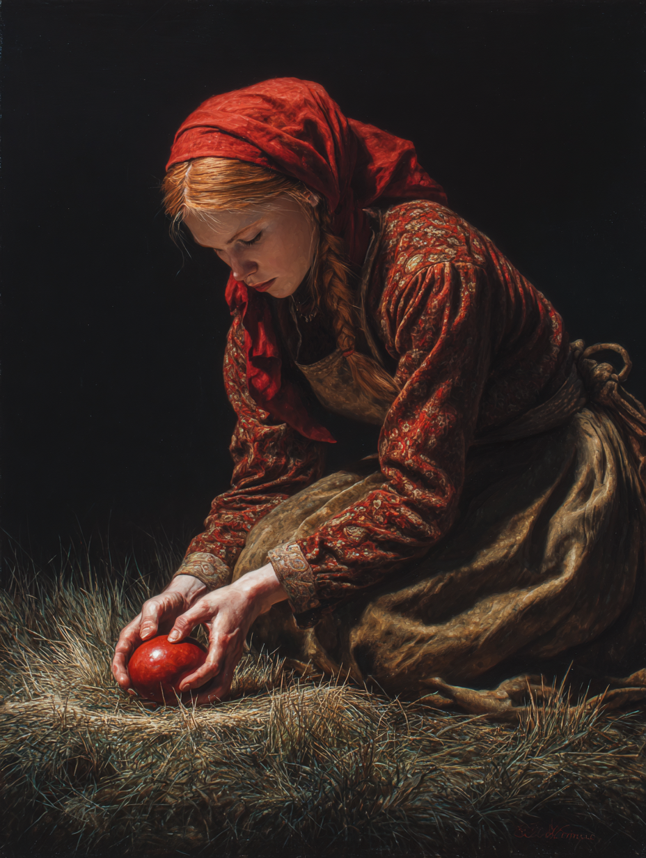 Toczenie krwistoczerwonej kraszanki po mogile było aktem magii. Miało przekazać uśpionym w ziemi przodkom siły witalne i przyspieszyć ich odrodzenie. Realistyczny obraz kobiety toczącej czerwone jajko po ziemi na grobie. Magia pisanek, obrzędy słowiańskie, kult przodków, malarstwo ludowe.