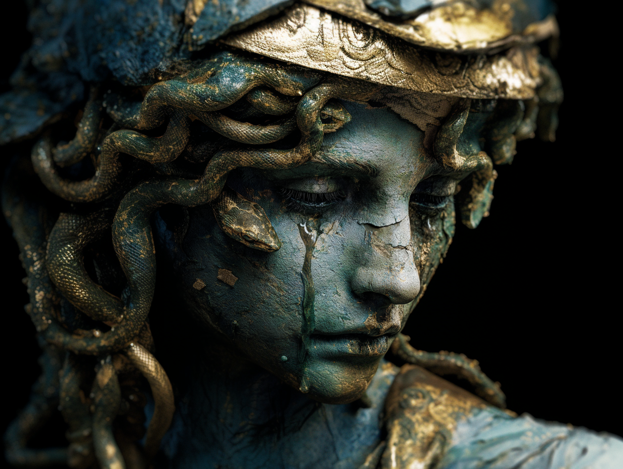 Prawdziwa groza antycznej bestii drzemie w jej tragicznej genezie. Często jest ona ofiarą niesprawiedliwego, boskiego systemu, ukarana za pychę lub samą swoją doskonałość. Zbliżenie na smutną twarz kobiety Meduzy z wężami zamiast włosów, płaczącą w cieniu zrujnowanej marmurowej świątyni w epoce brązu. Tragedia, klątwa i mityczne fantasy.