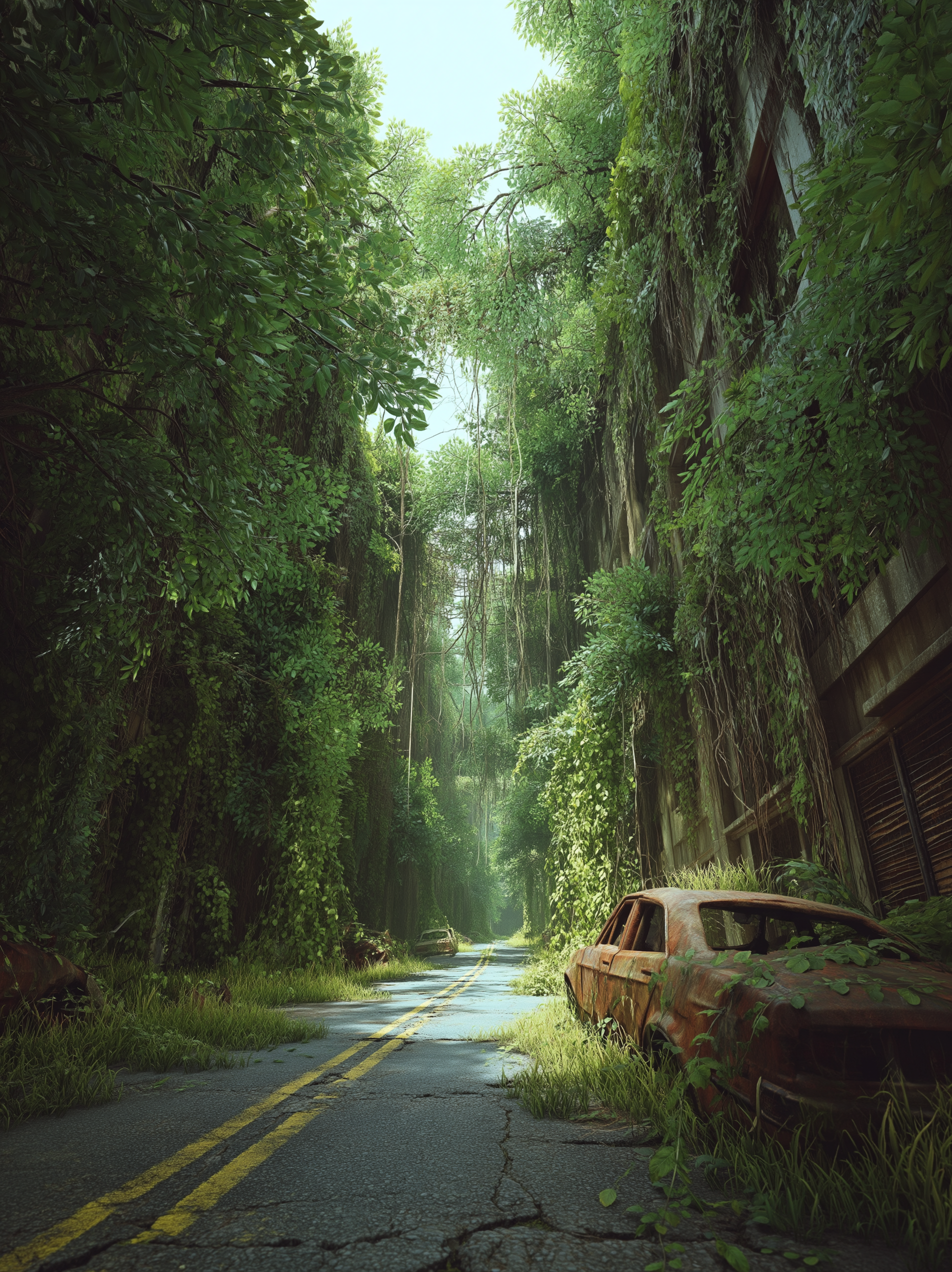 Upadek biologiczny pozostawia infrastrukturę w nienaruszonym stanie. Natura błyskawicznie wdziera się na betonowe ulice, tworząc piękny, ale wyjątkowo samotny i niebezpieczny krajobraz. Opuszczona ulica miasta porośnięta gęstą roślinnością. Triumf natury po pandemii w świecie post-apokaliptycznym.