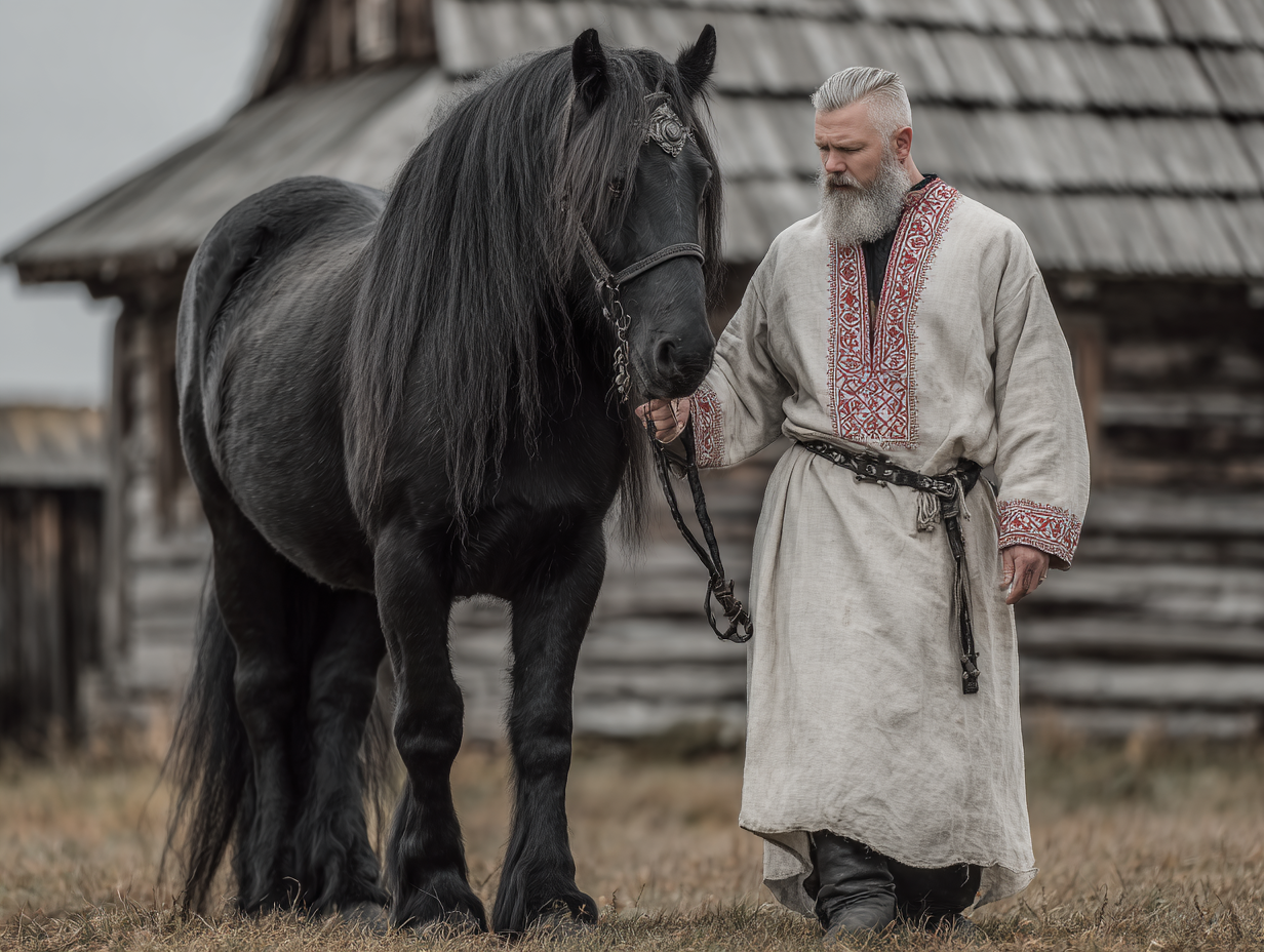 Rytuał skrzyżowanych włóczni z udziałem czarnego, świętego konia decydował o tym, czy wola bogów sprzyja wyprawie wojennej. Słowiański żerca w białej tunice prowadzący czarnego konia podczas rytuału wróżbiarskiego.