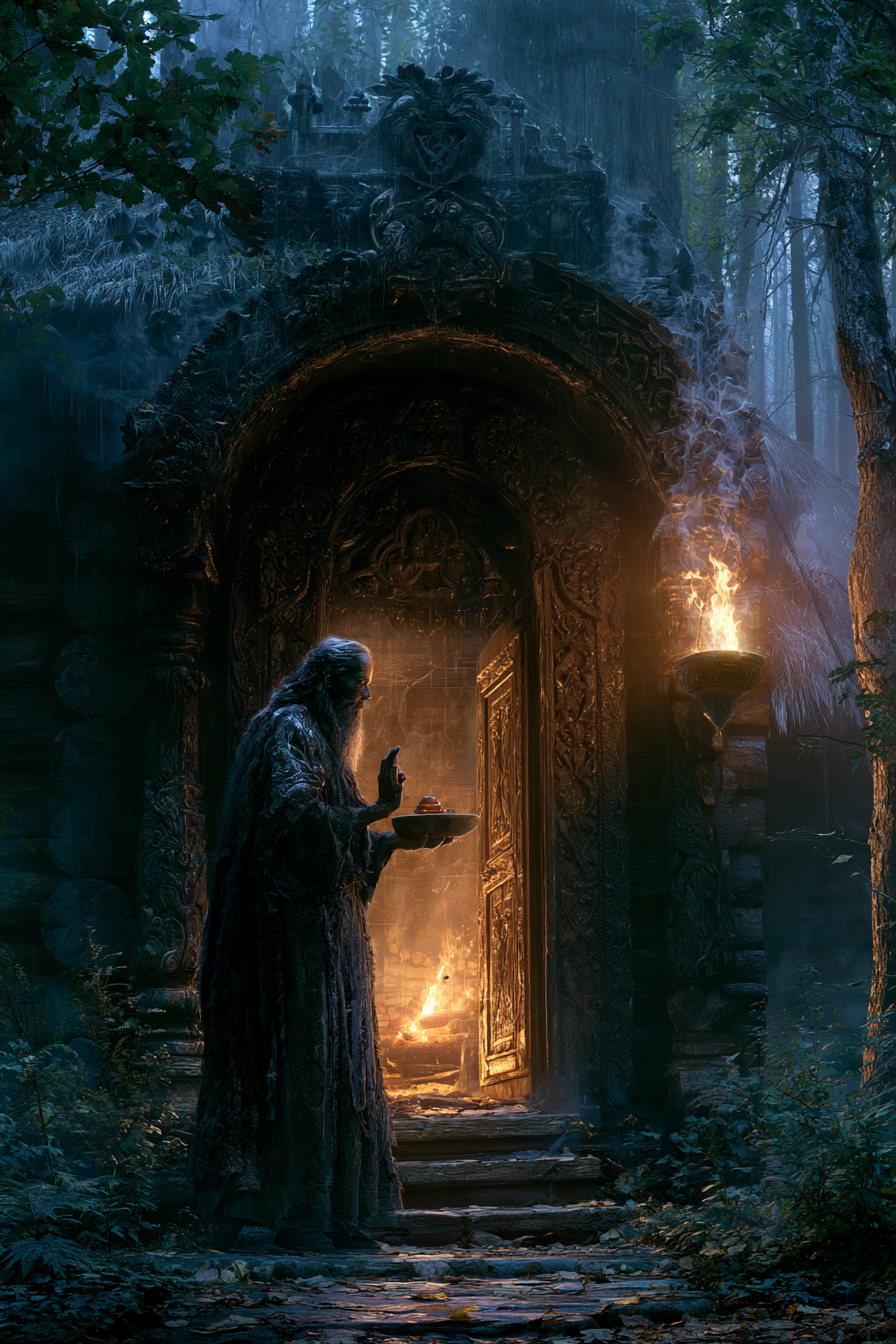 Nasi przodkowie witali zmarłych wysprzątanym domem, przygotowaną łaźnią oraz pożywną strawą. Pionowa grafika dark fantasy przedstawiająca słowiańskiego starca wzywającego dusze w progu domu. Słowiańskie tradycje i dawne rytuały. Zaproszenie zmarłych do chaty na Dziady. Ściśle przestrzegane reguły dawnej wiary.