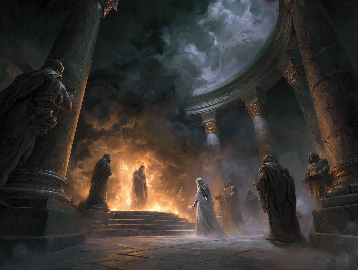 Kontakt z bóstwem to nie cicha modlitwa, lecz brutalny proces. Miękka magia w epoce brązu zawsze żąda zapłaty, często rwiąc układ nerwowy wyroczni na strzępy. Wyrocznia wdychająca halucynogenny dym w mrocznej, marmurowej świątyni, obserwowana przez starożytnych kapłanów. Miękki system magii, pisanie książki fantasy, magia w epoce brązu.