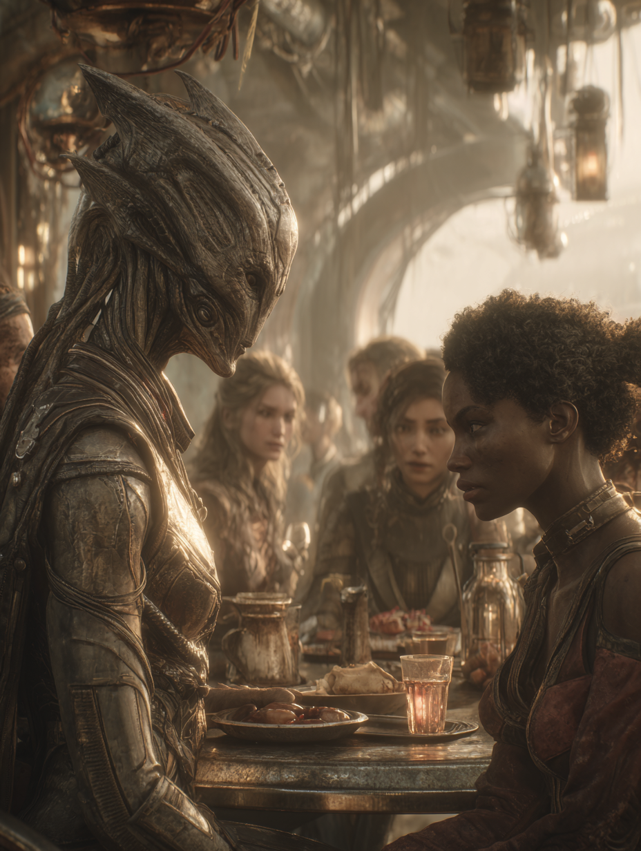 Pustka kosmosu wymusza na bohaterach tworzenie niezwykle silnych więzi. Najtrwalsze sojusze nie wykuwają się w ogniu laserowych strzelanin, lecz w ciasnej, dusznej mesie nad racjami żywnościowymi. Różnorodna załoga statku kosmicznego siedząca przy wspólnym metalowym stole w przytulnej mesie i dzieląca się posiłkiem. Motyw znalezionej rodziny w fantastyce naukowej.