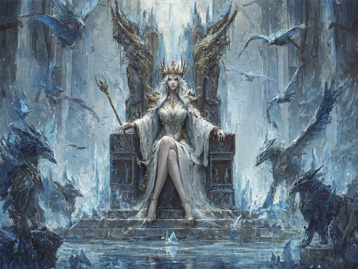 Królowa lodu na tronie w zamrożonym świecie jako symbol zła absolutnego. Zło absolutne jako alegoria zimnej tyranii i braku życia, inspirowane postacią Białej Czarownicy z Opowieści z Narnii, zło absolutne w fantastyce.