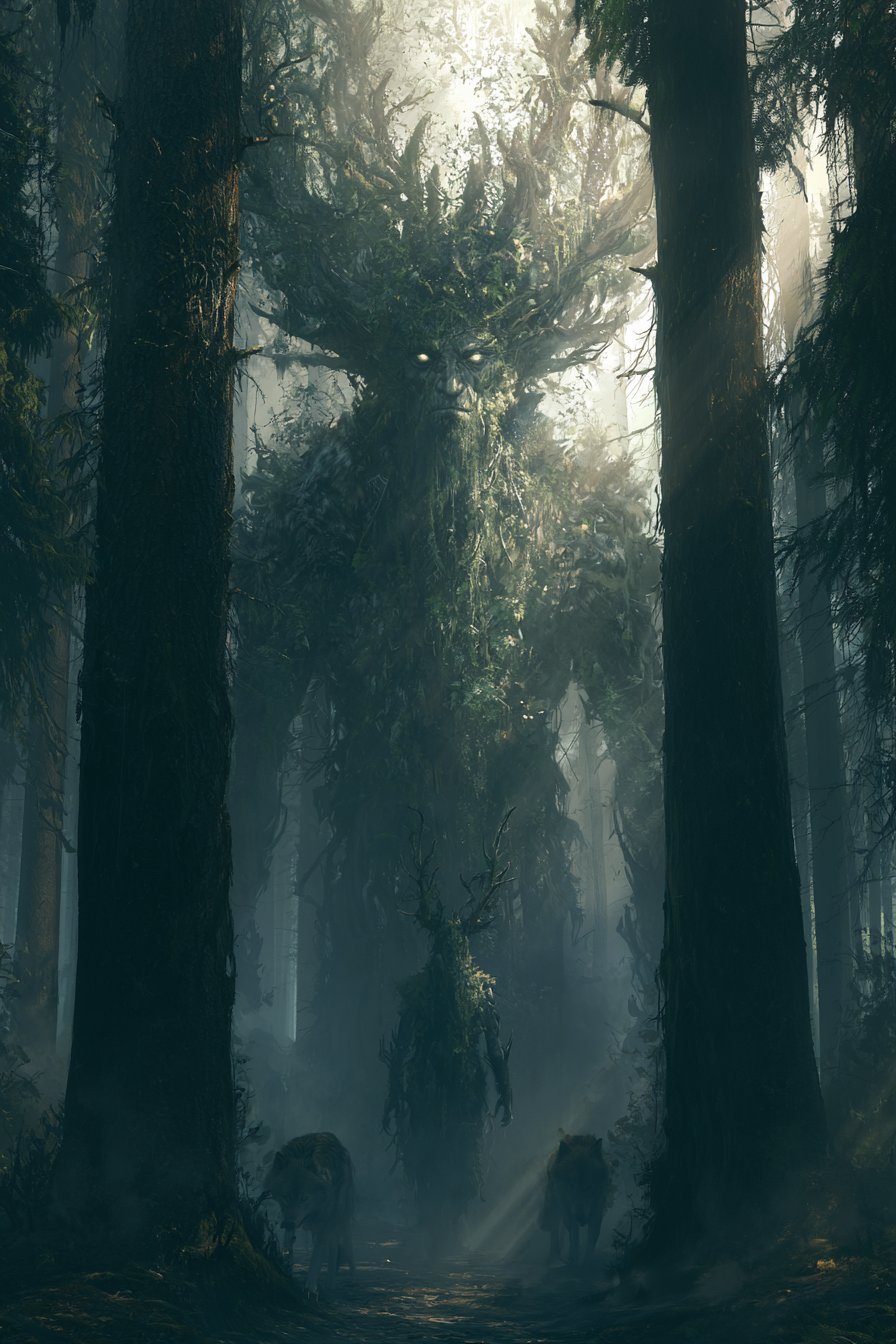 Mistrz zmiennokształtności. Leszy władał potężną magią, która pozwalała mu przybierać przeróżne formy i kształty. Digital art przedstawiający demona słowiańskiego Leszego w mrocznym lesie, z wilkami u jego boku.