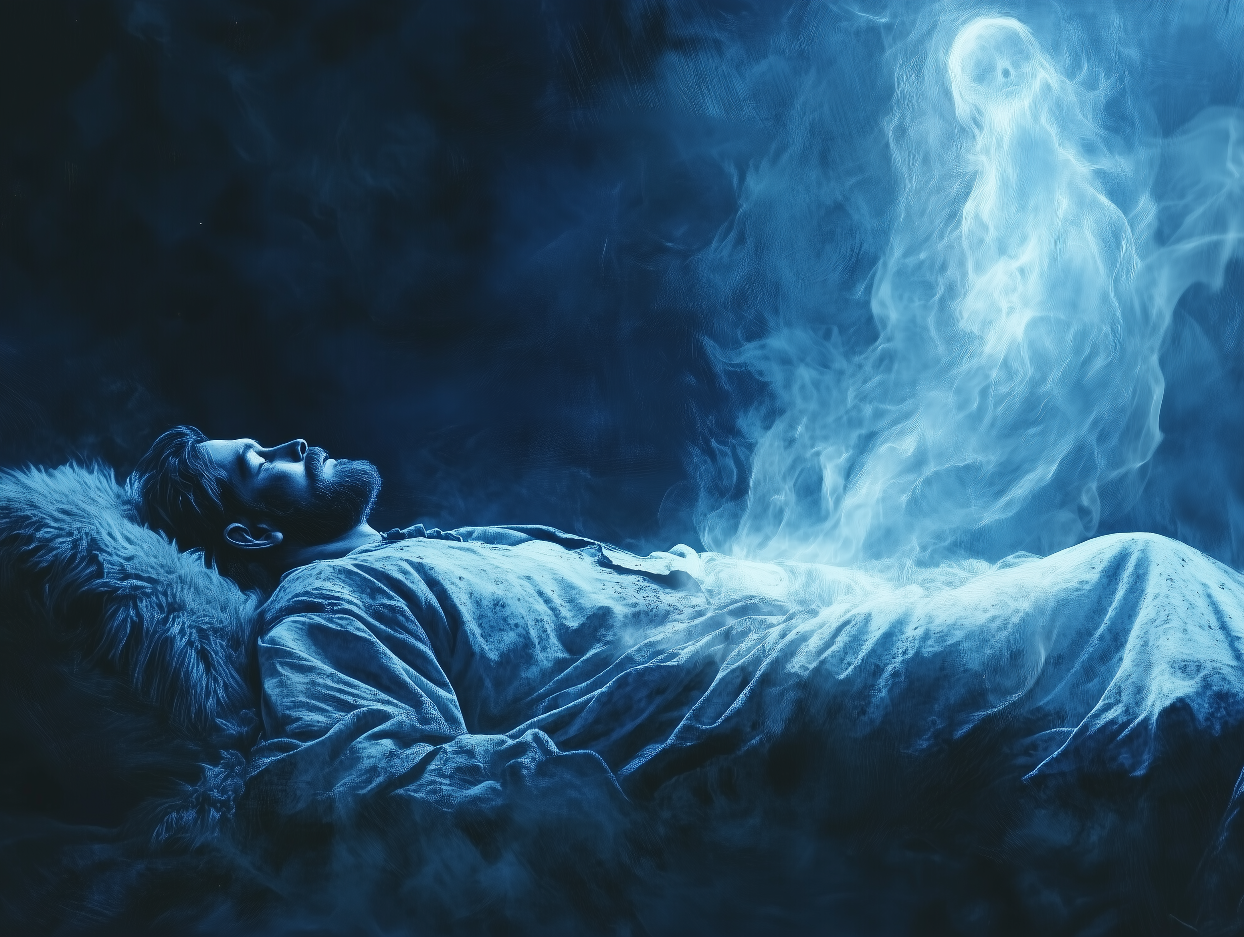 Mora, słowiański bies, opuszczająca ciało człowieka Grafika ukazująca projekcję astralną Mory, słowiańskiej demonicy, wychodzącej z ciała śpiącego mężczyzny