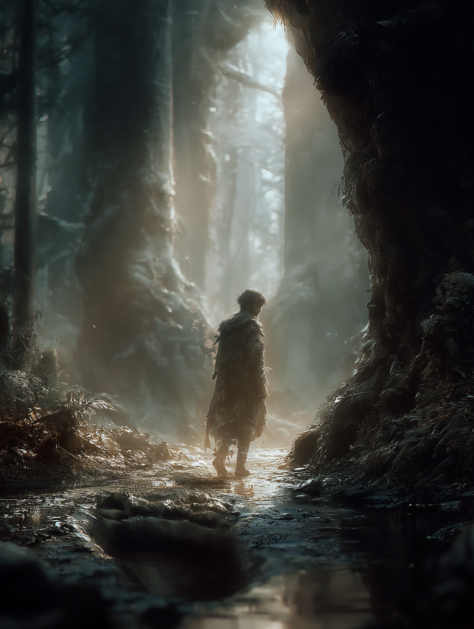 Biada temu, kto nieopatrznie wstąpi w ślad pozostawiony przez bożka – splątane ścieżki i mrok kniei nie pozwolą mu wrócić do domu przed nocą. Pionowa grafika cyfrowa w stylu mrocznego folkloru. Z perspektywy ziemi widzimy bosego wędrowca w lnianych gaciach, który wchodzi w nienaturalnie duży, odciśnięty w błocie ślad stopy (lub kopyta). Wokół pnie drzew tworzą klaustrofobiczny korytarz. Mitologia Słowian, wierzenia słowiańskie, rodzima wiara.